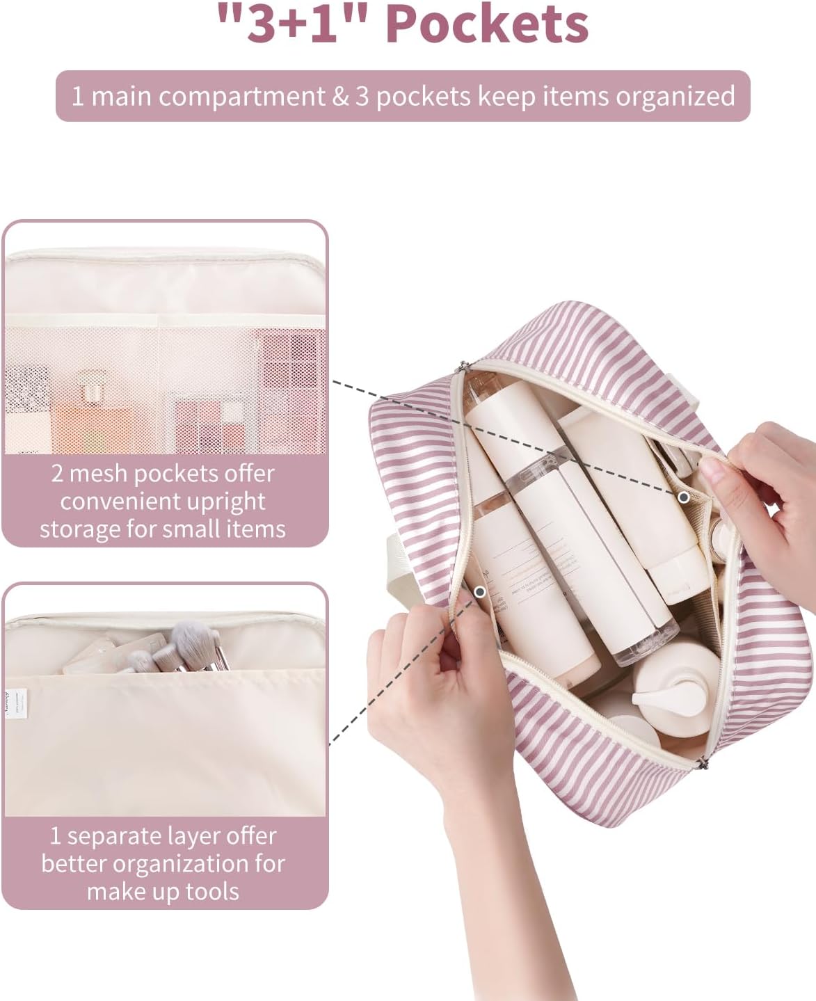 Full Size Toiletry Bag Women Large Cosmetic Bag Travel Makeup Bag Organizer Medicine Bag for Toiletries Essentials Accessories (Dusty Rose Stripe, Large)