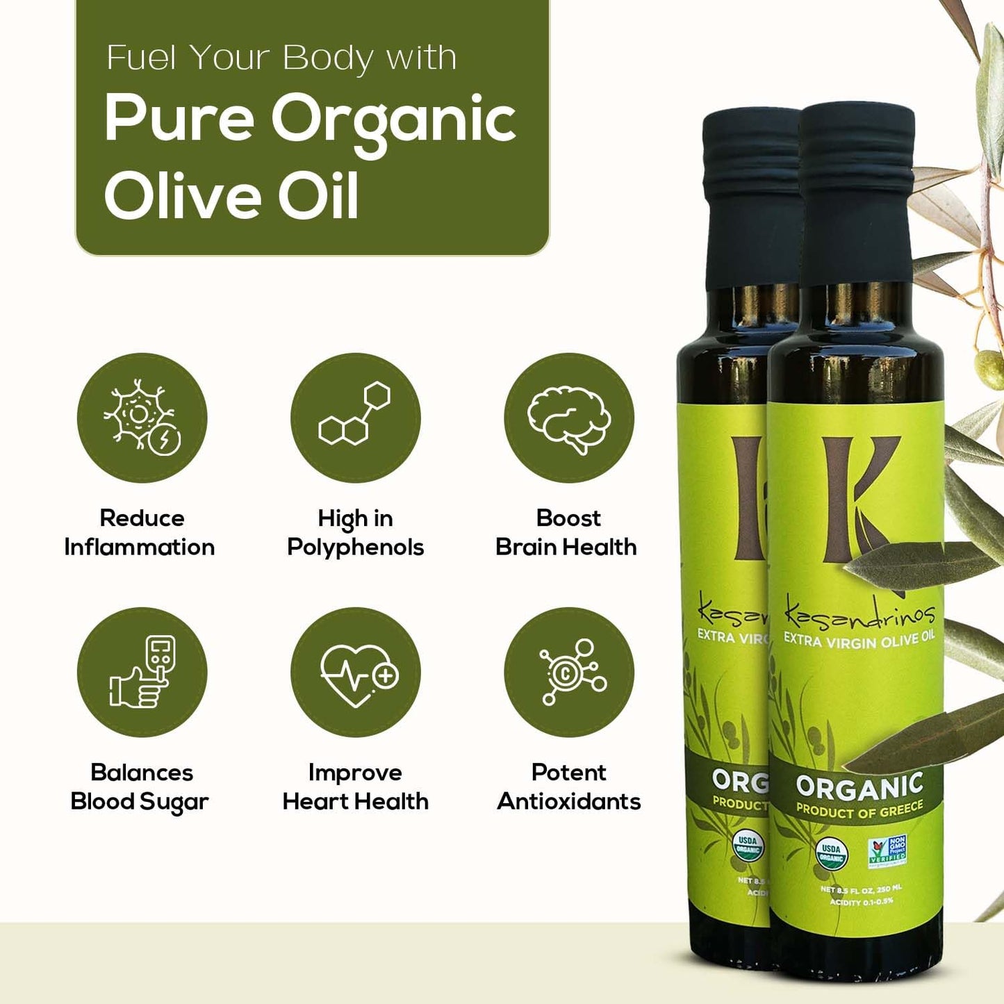 Kasandrinos Organic Olive Oil Extra Virgin, Polyphenol Rich Greek Olive Oil, 100% Organic First Cold Pressed, Mild + Delicate Flavor, Verified by Non GMO, 250 ml / 8.5 oz (Pack of 2)
