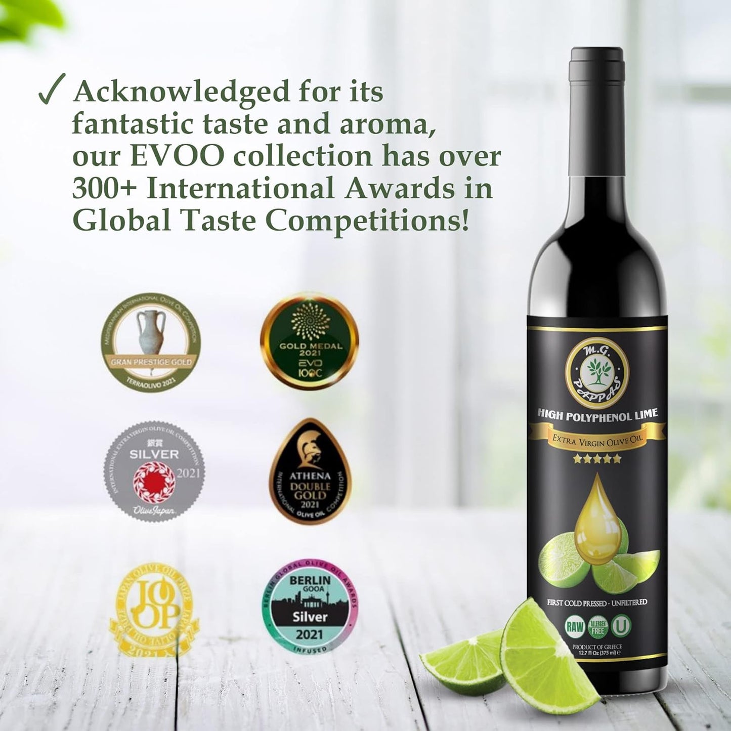 M.G. PAPPAS High Polyphenol Rich Lime Infused Olive Oil Extra Virgin - Polyphenol Lab Report 650mg/kg - Unfiltered Cold Pressed Greek EVOO - Award Winning - Cooking Lime Oil – 12.7 Oz 375ml