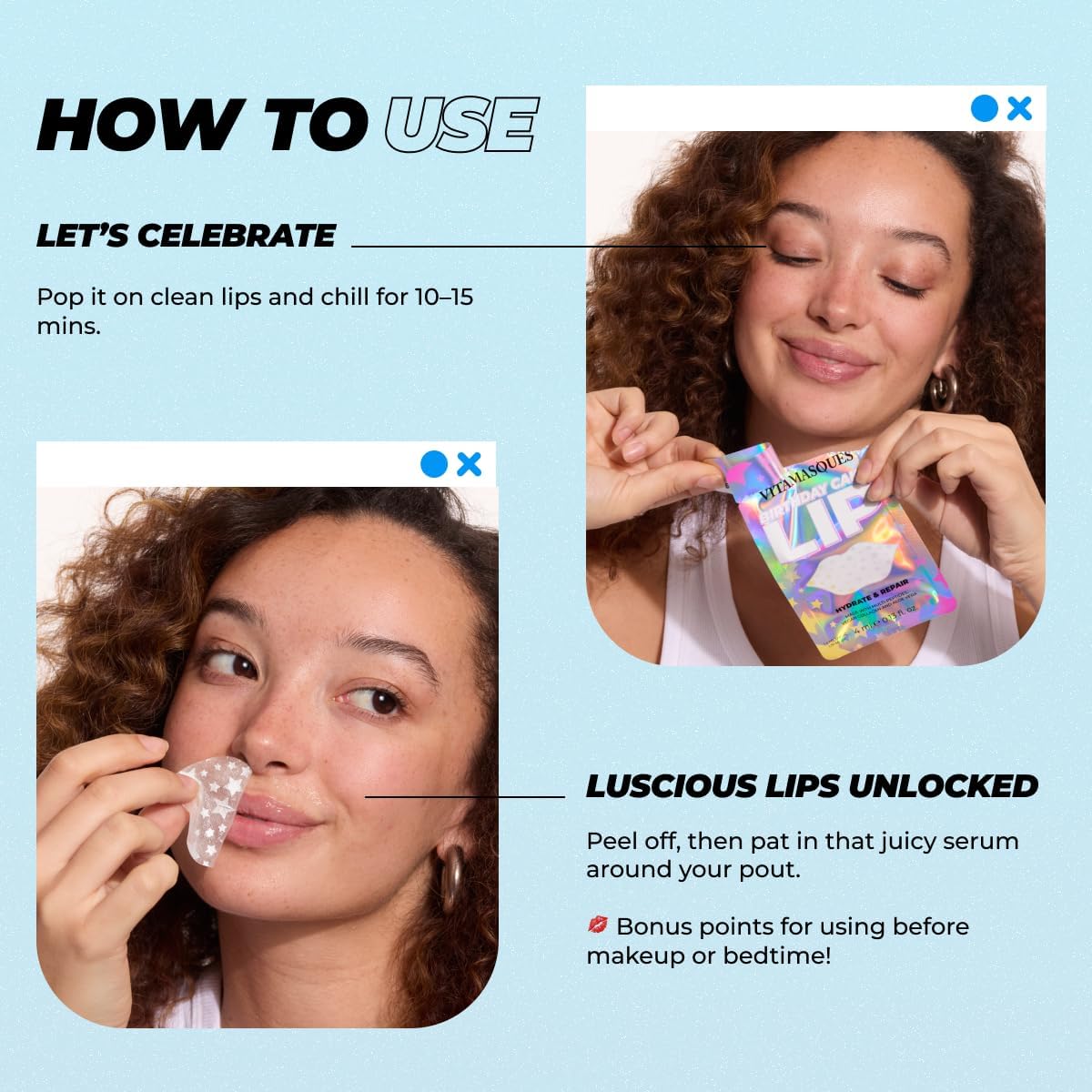 Vitamasques Lip Mask, 3-Pack -Birthday Cake Collagen Lip Mask Sheets, Repair for Dry & Chapped Lips - Nourishing & Hydrating - Vegan & Cruelty-Free Korean Skin Care