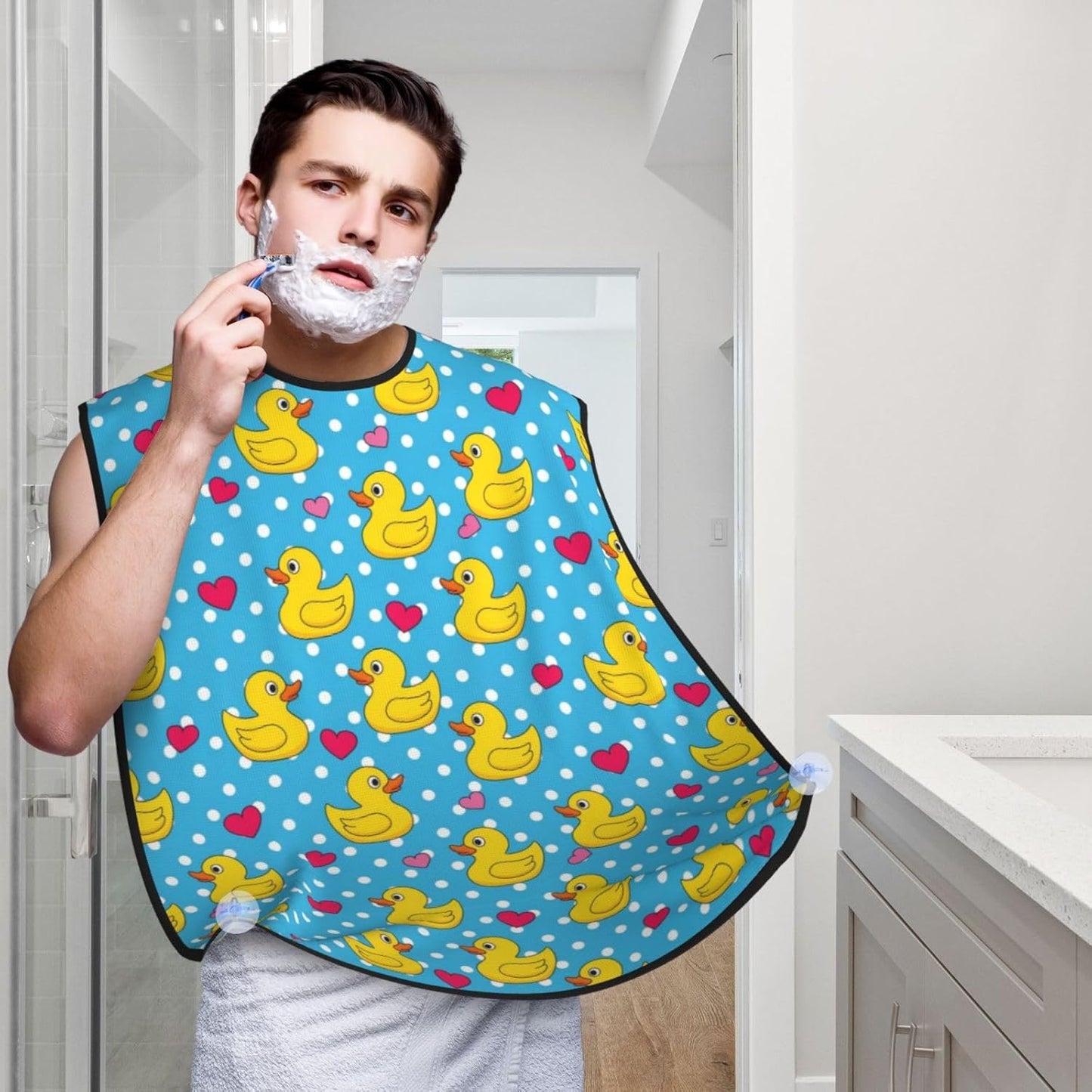 Ultimate Shaving Bib, Beard Trimming Apron with Hair Catcher, Pink Heart Polka Dots Blue Yellow Rubber Ducks