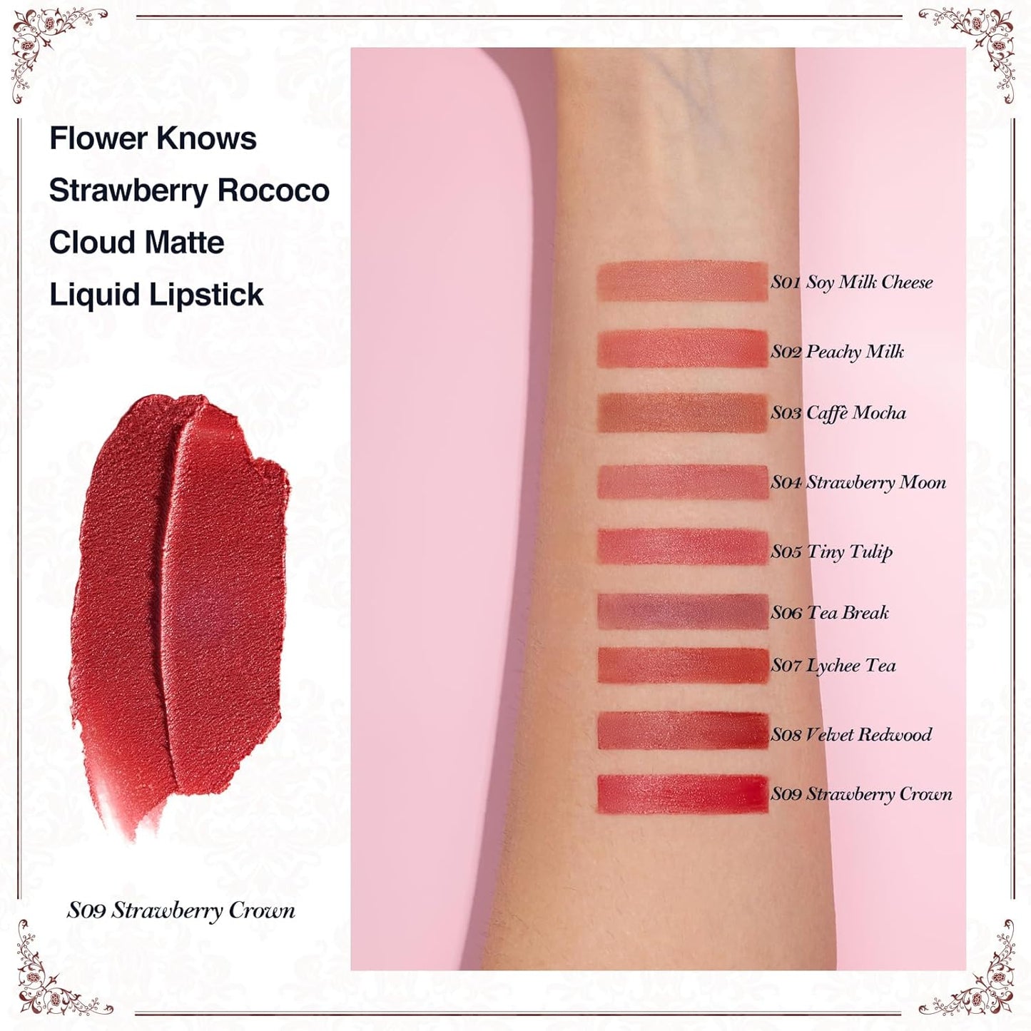 Flower Knows Strawberry Rococo Cloud Lip Cream,Velvety Matte Liquid Lipstick,Red Lipstick,Long Lasting Lip Stain,Kiss-proof Blurred Lipstick for Girls&Women,0.12 Fl Oz(S09 Strawberry Crown)