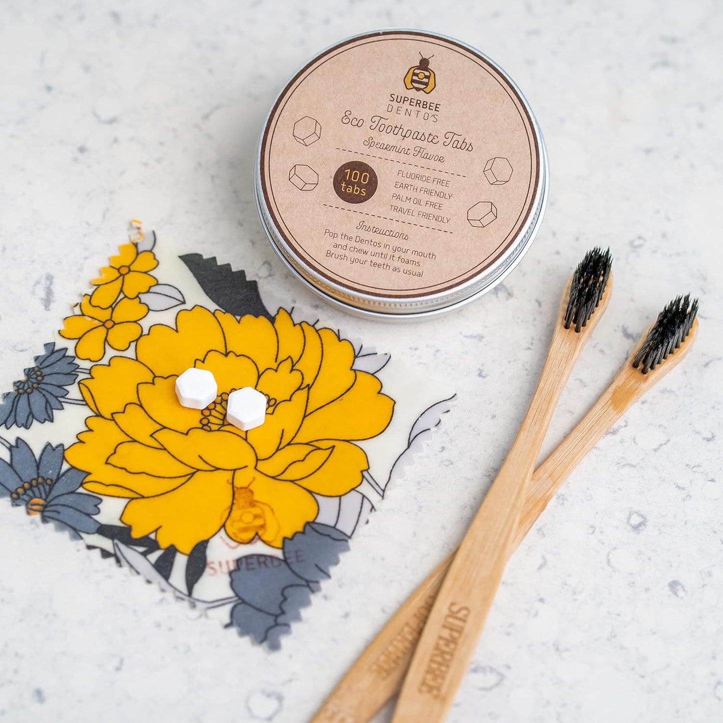 SuperBee Dentos Toothpaste Tablets, 100 Tabs, Fluoride Free & Eco Friendly, Travel Mouthwash Tablets, Sensitive Bites Kids Adults, Chewable Tablet, Spearmint