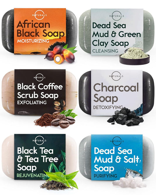 O NATURALS 100% Natural Bar Soap - Gift Set - Organic Ingredients & Essential Oils - Spa Gifts for Women & Men, Body Wash & Face Soap - 6PC Black Soap Collection