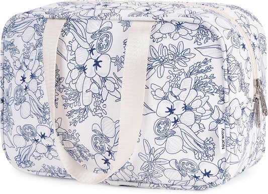 Full Size Toiletry Bag Women Large Cosmetic Bag Travel Makeup Bag Organizer Medicine Bag for Toiletries Essentials Accessories (Navy Blue Flower, Large)