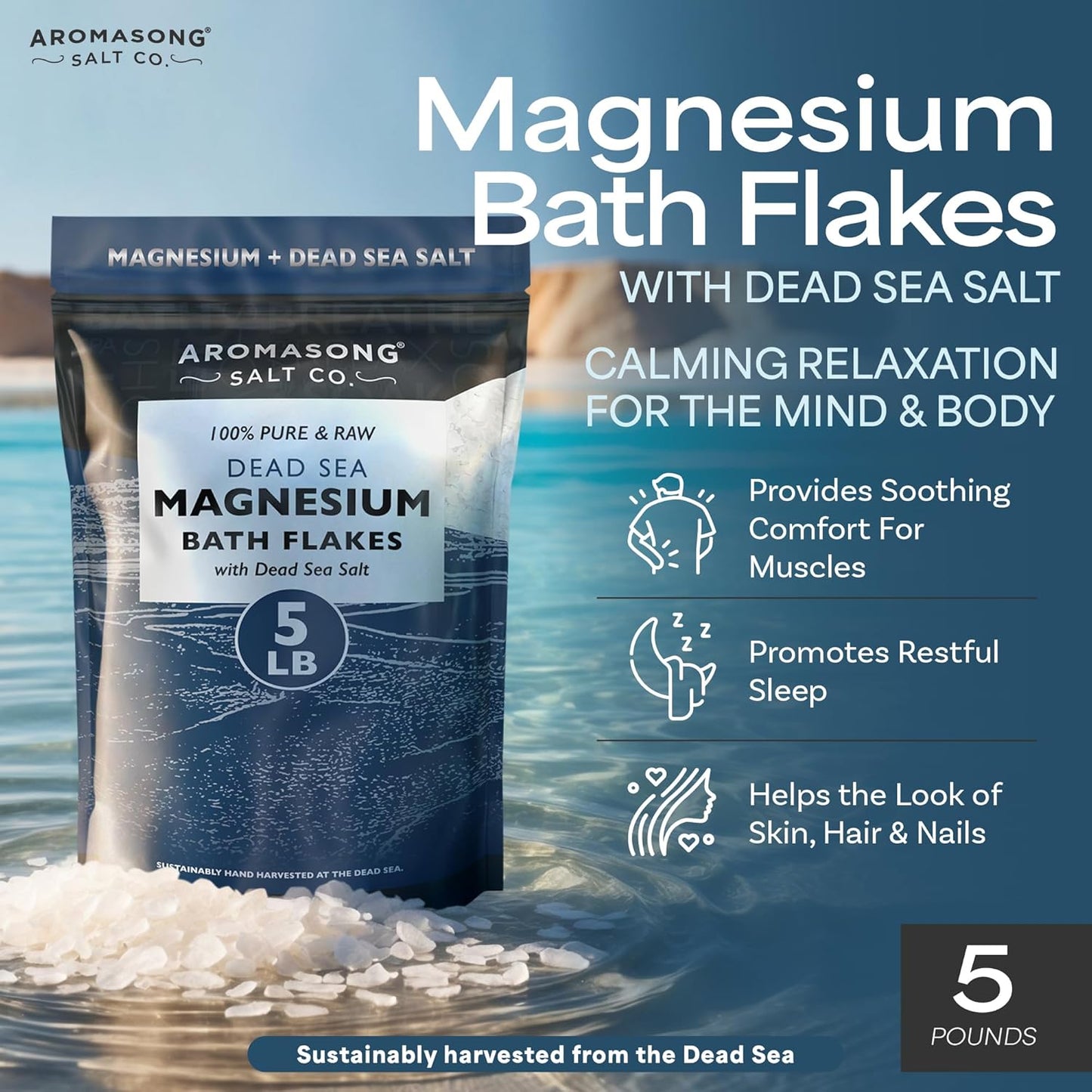 Aromasong Raw Magnesium Flakes for Bath + Dead Sea Salt for Soaking - 5 Lb Resealable Pack Magnesium Chloride Flakes - Organic Bath Salt Relaxing Mineral Soak (Packaging May Vary)