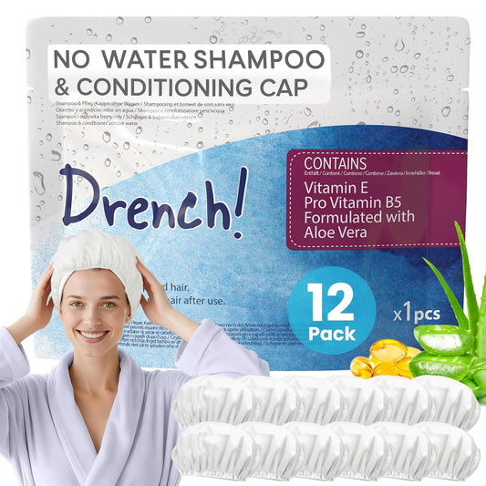 Drench! No Water Hair Washing Cap - Waterless Shower Caps with Shampoo and Conditioner - Disposable Rinse Free Wash Aids - Ideal for Elderly and Disabled - Pack of 12