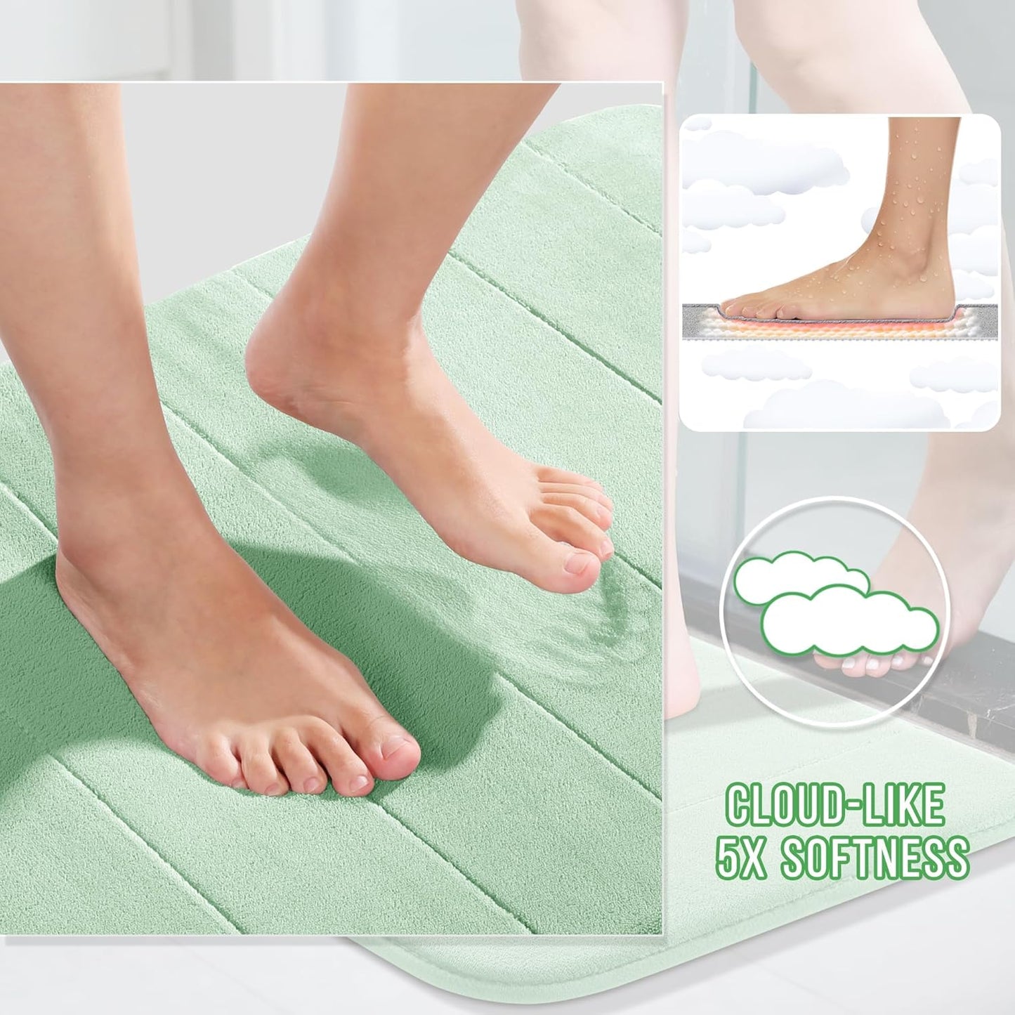 Yimobra Memory Foam Bath Mat, Super Soft Absorbent Bathroom Rug Non Slip 24x17 Inch, Quick Dry, Machine Washable Floor Carpet for Tub Shower, Home Decor Accessories, Pale Green