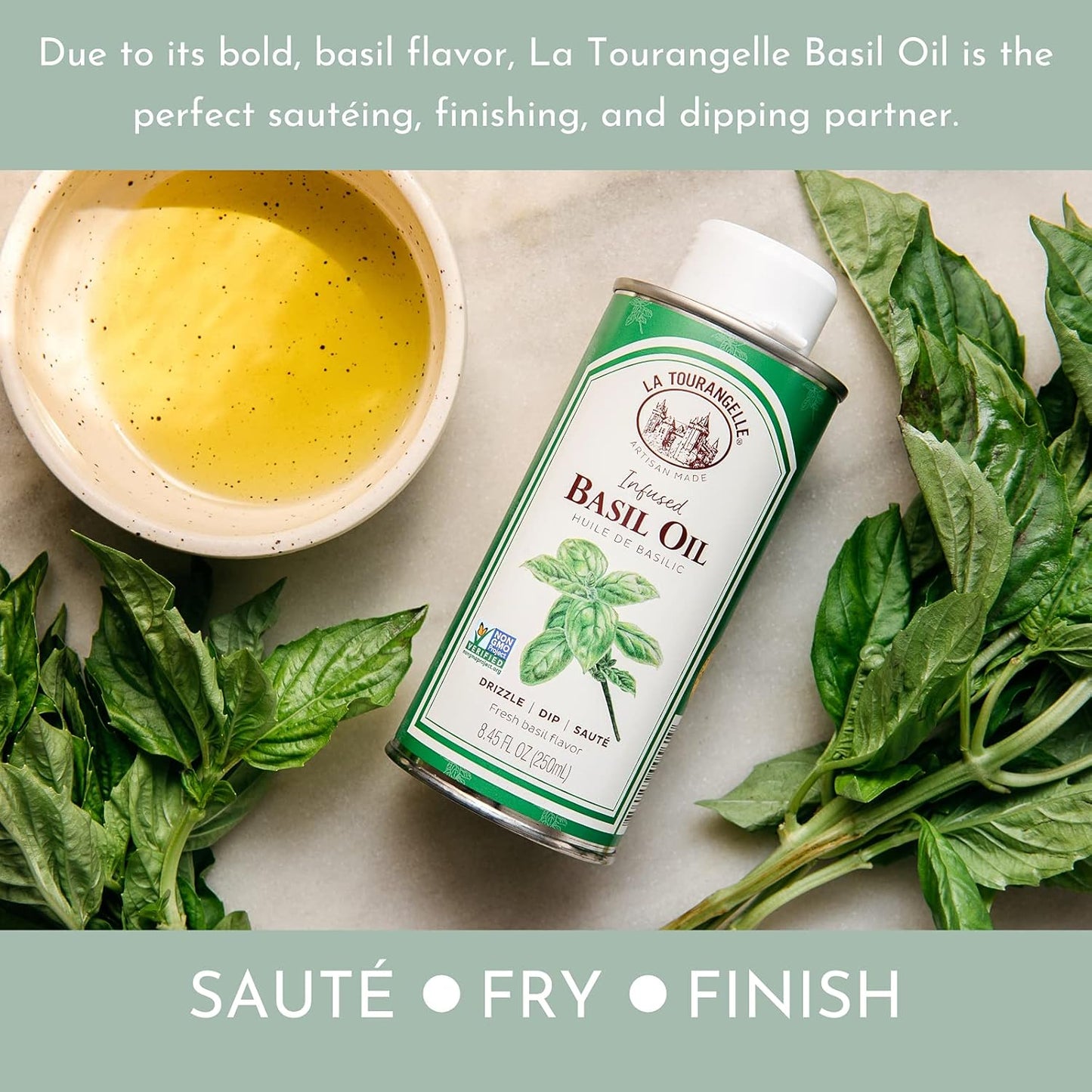 La Tourangelle, Basil Oil, Expeller-Pressed High-Oleic Oil, Great for Salads, Finishing Oil, Spread, Sauce, Dips, 8.45 fl oz