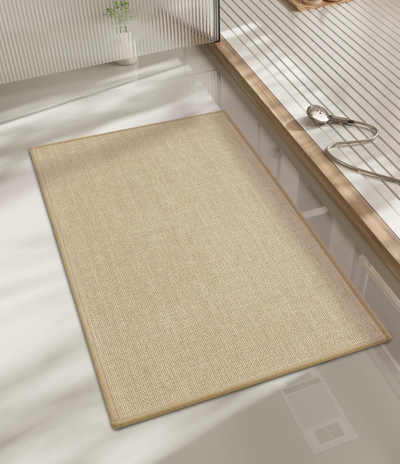 chakme Bathroom Rugs Mat 32x17, Ultra Thin Non Slip Bath Mat Quick Dry Absorbent Bath Mat for Bathroom Floor, (Light Beige, 32"x17")