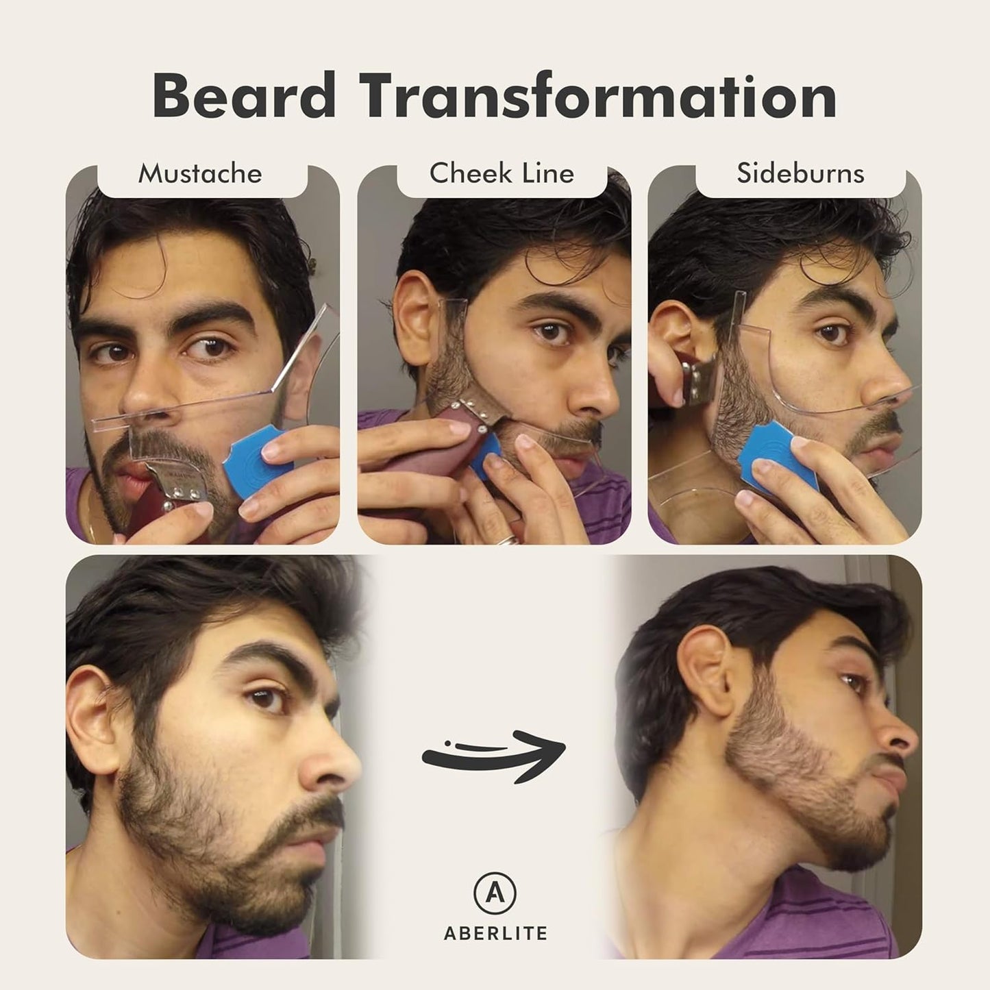 Aberlite ClearShaper 3.0 - Beard Shaper Kit w/Two Barber Pencils - Premium Shaping Tool - 100% Clear | Many Styles - The Ultimate Beard/Hair Lineup (US Patent) - Stencil Guide Template Outliner