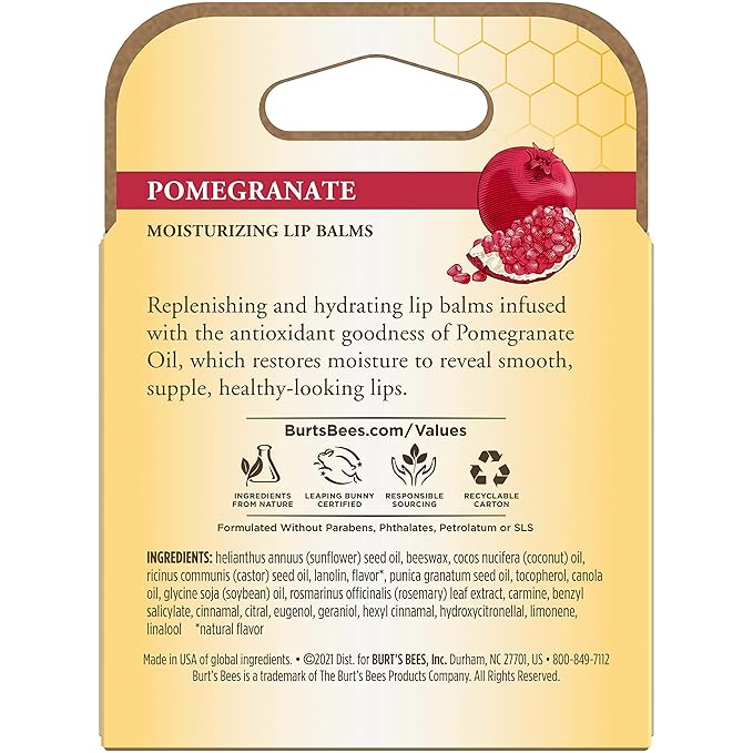 Burt's Bees Lip Balm - Pomegranate, Lip Moisturizer With Responsibly Sourced Beeswax, Tint-Free, Natural Origin Conditioning Lip Treatment, 4 Tubes, 0.15 oz.