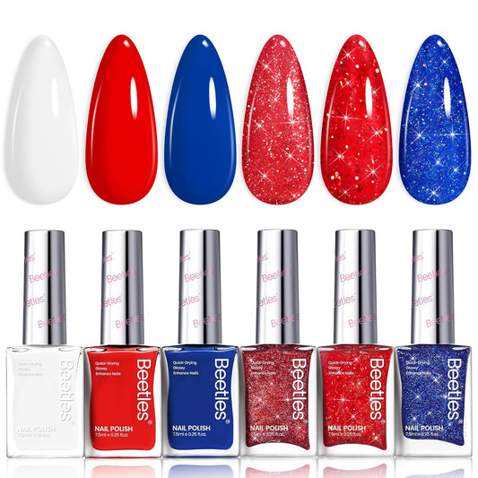 Beetles 4th of July Nail Polish Set - 6 Colors White Red Blue Nail Polish Kit Sparkle Glitter Fingernail, Quick Dry & Long Lasting Beetles Midnight Fireworks Diy Nail Art Design Gifts for Women