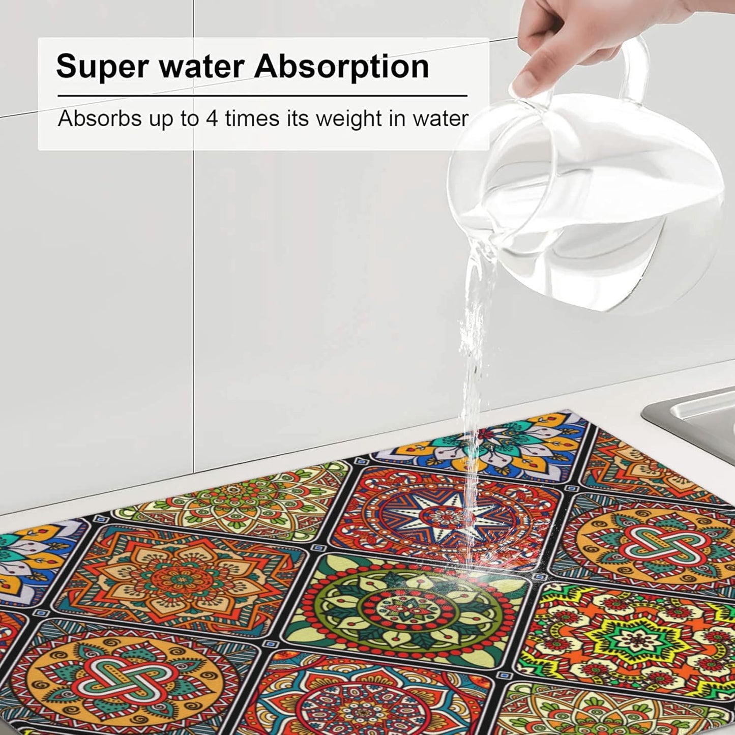 Retro Dish Drying Mat for Kitchen Counter Mandala Colorful Dish Drainer Rack Mats Boho Decor Washable Absorbent Reversible Microfiber Drying Pad Kitchen Accessories 18"x24"