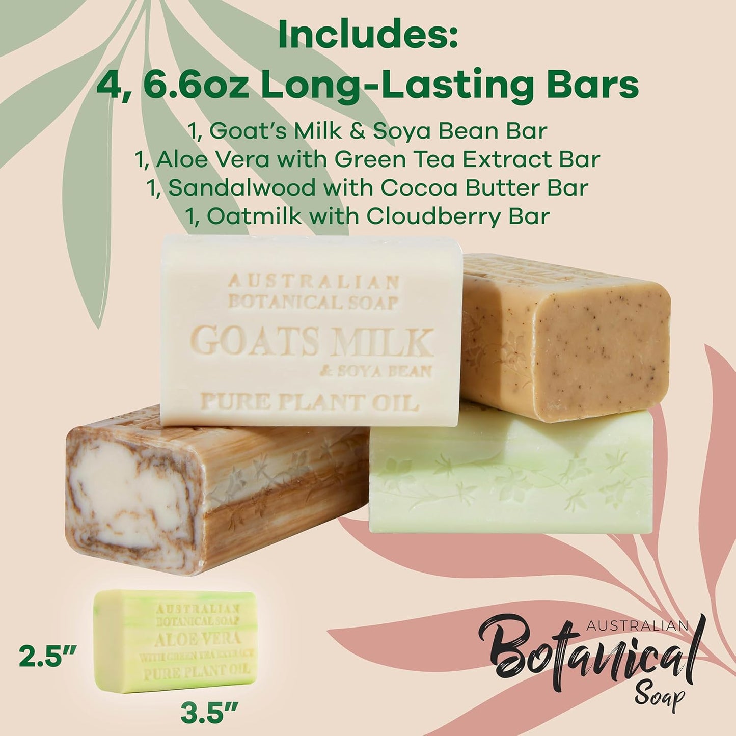 Australian Botanical Soap Goats Milk Sandalwood Oat Milk and Aloe Vera 6.6 oz Luxury Soap Bars Enriched with Shea Butter, Woodsy Assorted Pack of 4