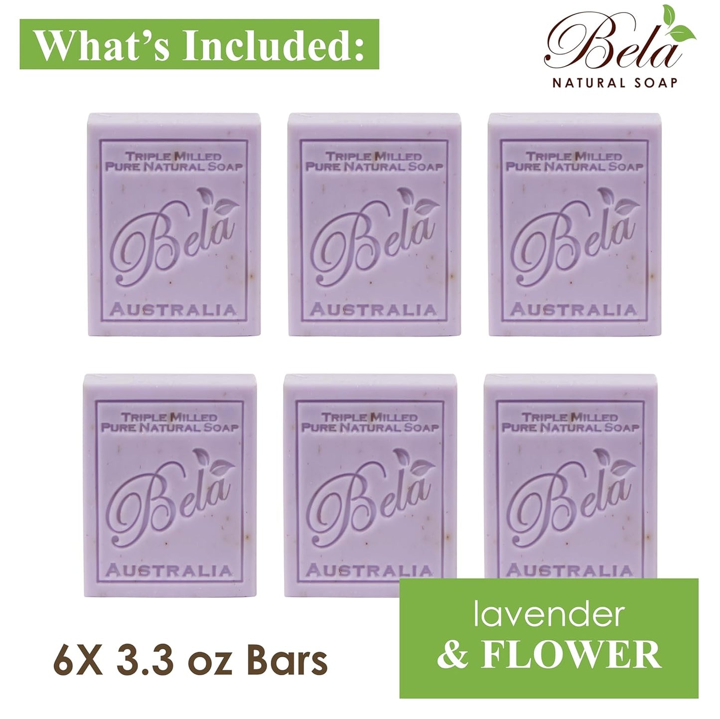 BELA Lavender Soap Bars 3.3 OZ Pack of 6, French Triple Milled Bar Soap with Organic Shea Butter, Lavender and Flower Scented Soap, Made in Australia