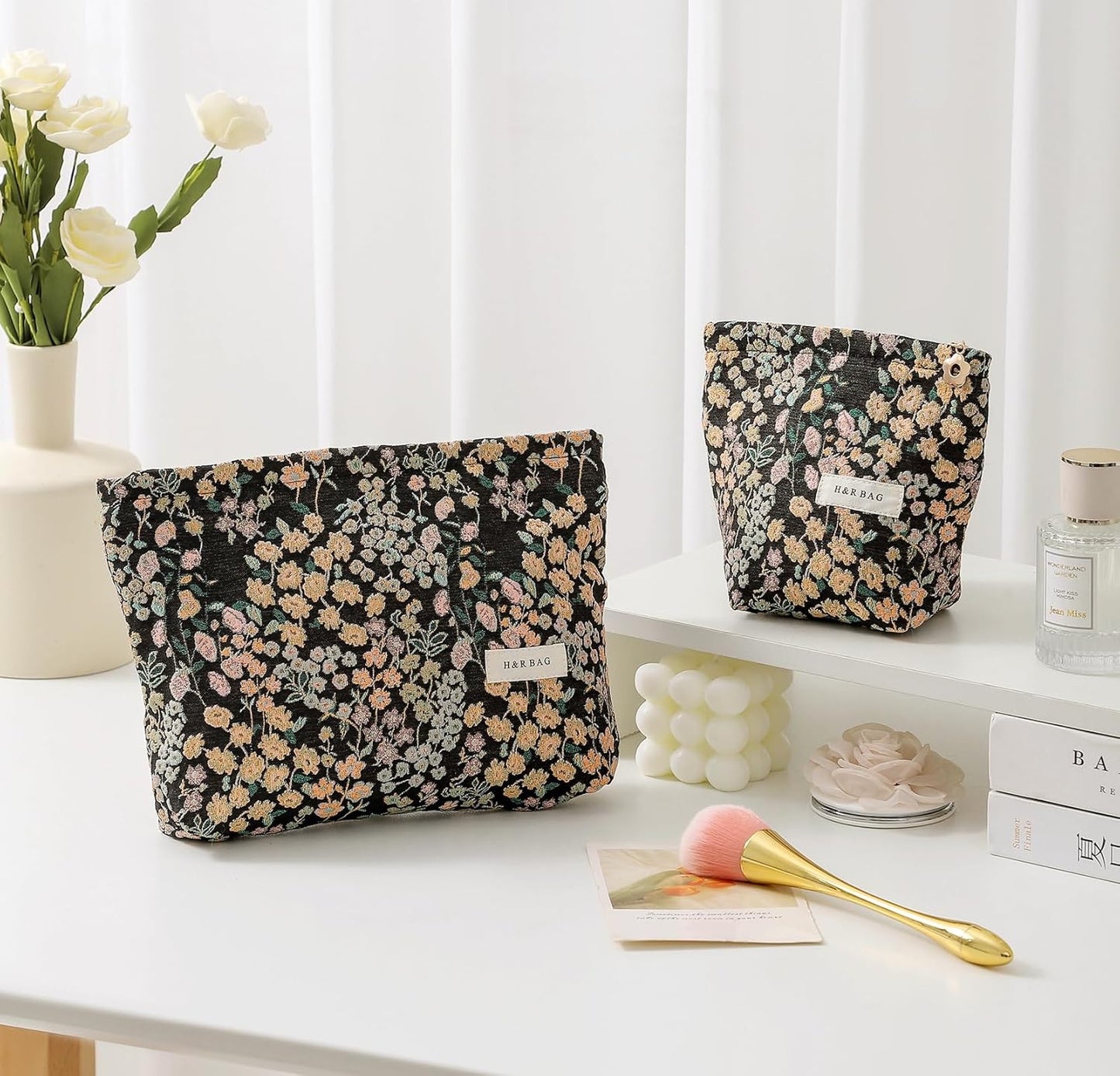 2 Pcs Makeup Bags, Large Cosmetic Bag Travel Toiletry Bag Organizer for Women, Embroidery Craft, Floral Makeup Bag Small Cosmetic Pouch Purse with Zipper Gifts for Girls Teen