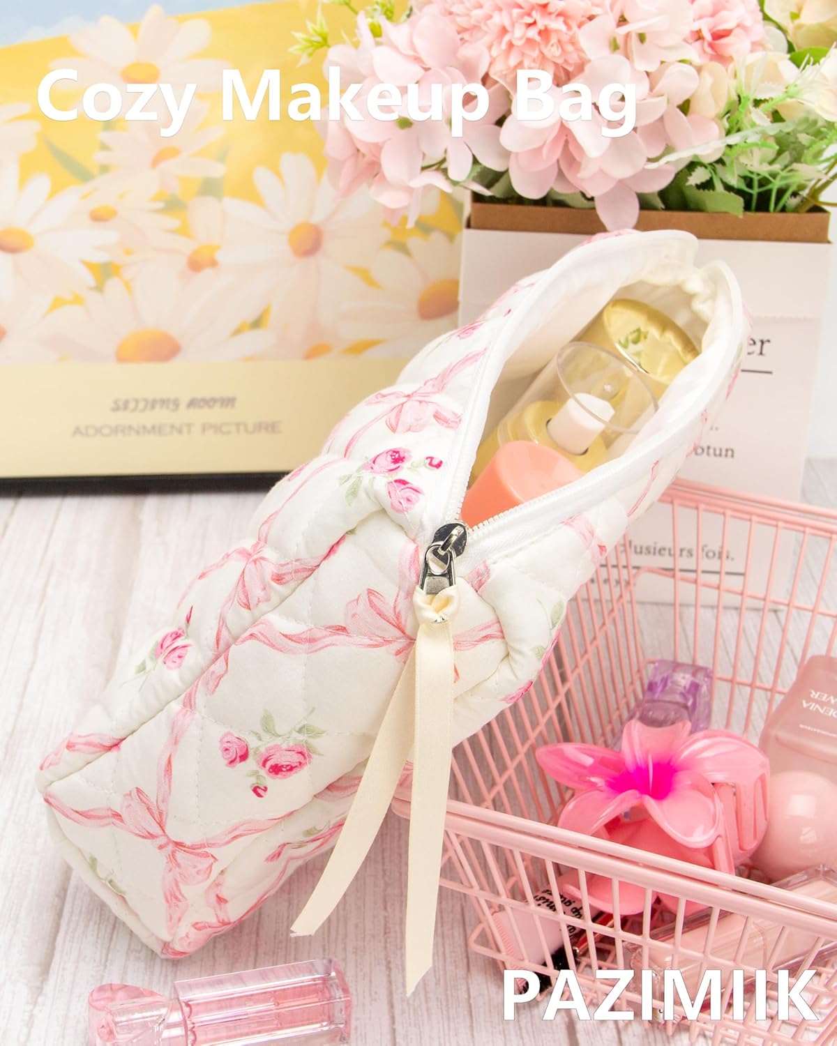 PAZIMIIK 3PCS Makeup Bag SET Large Travel Quilted Zipper Soft Cosmetic Case Pouch for Women Girls Make Up,Bow Rose