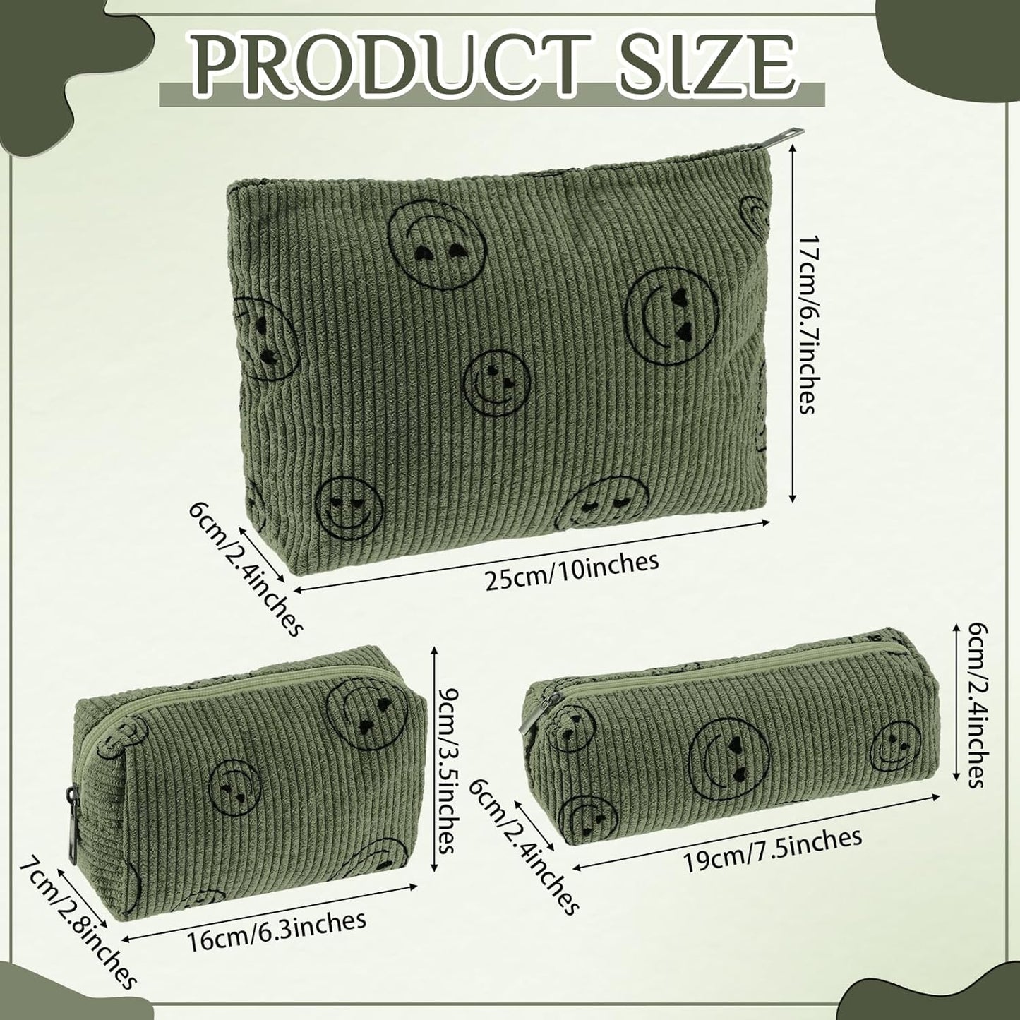 3 Pcs Makeup Bag Set for Women Corduroy Cosmetic Pouch Aesthetic Smile Travel Toiletry Bag Cute Purse Pouch Pencil Case Makeup Brushes Storage Organizer for Christmas(Army Green,Smile Face)