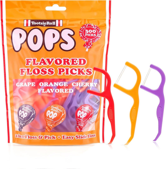 Flavored Floss Picks, 300 Count, Dental Floss Picks for Teeth with Fun Fruit Flavors, Flosser Picks for Adults and Children, | Grape, Orange & Cherry Flavor