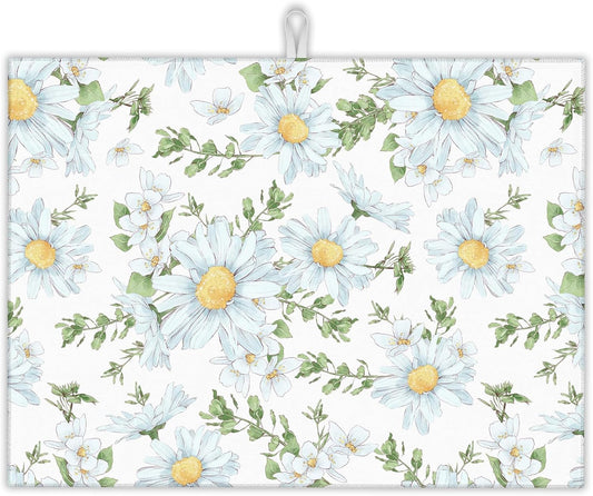 White Chamomile Flowers Dish Drying Rack Mats Decor, Dish Pad Drying Mat Kitchen Counter 18x24 Inch Absorbent Reversible Microfiber for Coffee Bar Sink Countertop