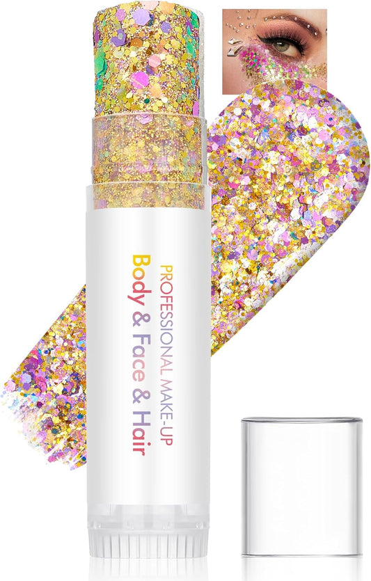Body Glitter Stick, Waterproof Long Lasting Sparkling Face Shimmer Makeup, Singer Concerts Disco Music Halloween Festival Rave Accessories, Holographic Chunky Sequins Hair Stick,Gift for Women girl-23