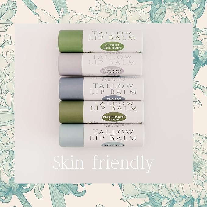 Organic Tallow Lip Balm (Peppermint) from Grass Fed Cows. Super hydrating with Tallow, Olive Oil, Honey, and Beeswax. Sustainable Cardboard Tubes & Hand Filled. Jumbo Size 0.5 oz.