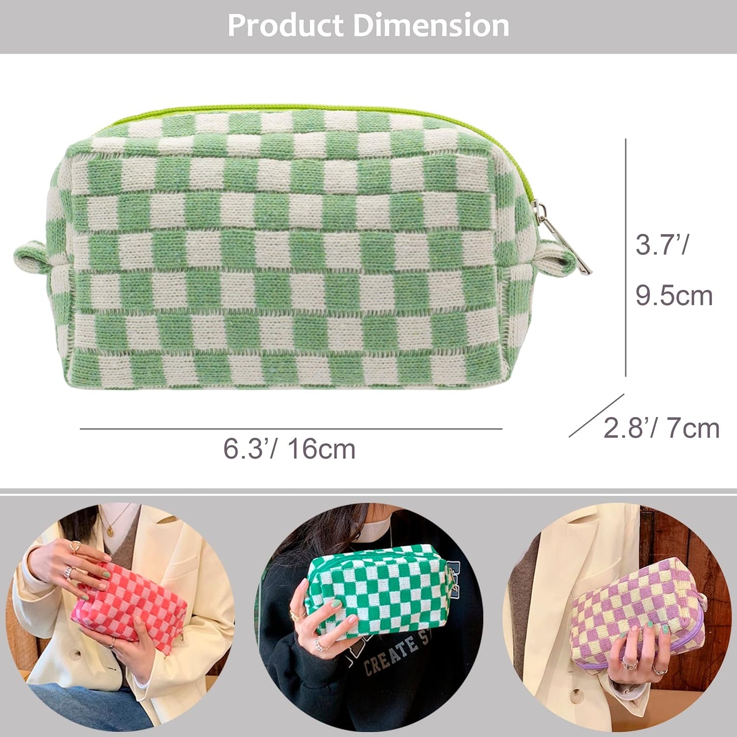 PAZIMIIK Checkered Makeup Bag for Purse Portable Zipper Make Up Pouch Small Cosmetic Case for Travel Accessories (6PCS Light Green)