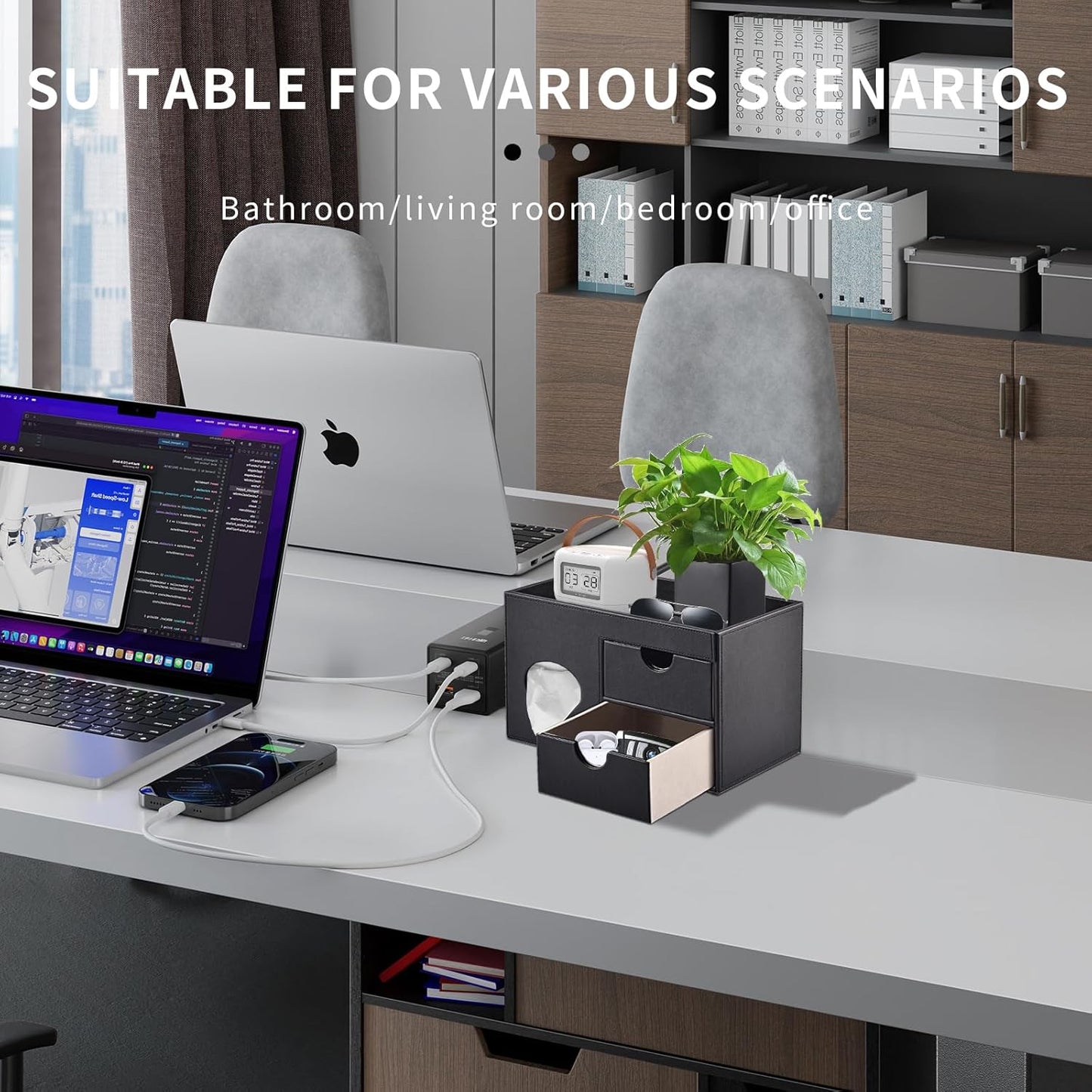 Square Tissue Box Cover with Drawers,Tissue Box Holder with Storage Tray, Makeup Organizer and Desk Organizer,Tissue Holders Decorative for Bathroom Vanity NightStand Dressing Table (Black)