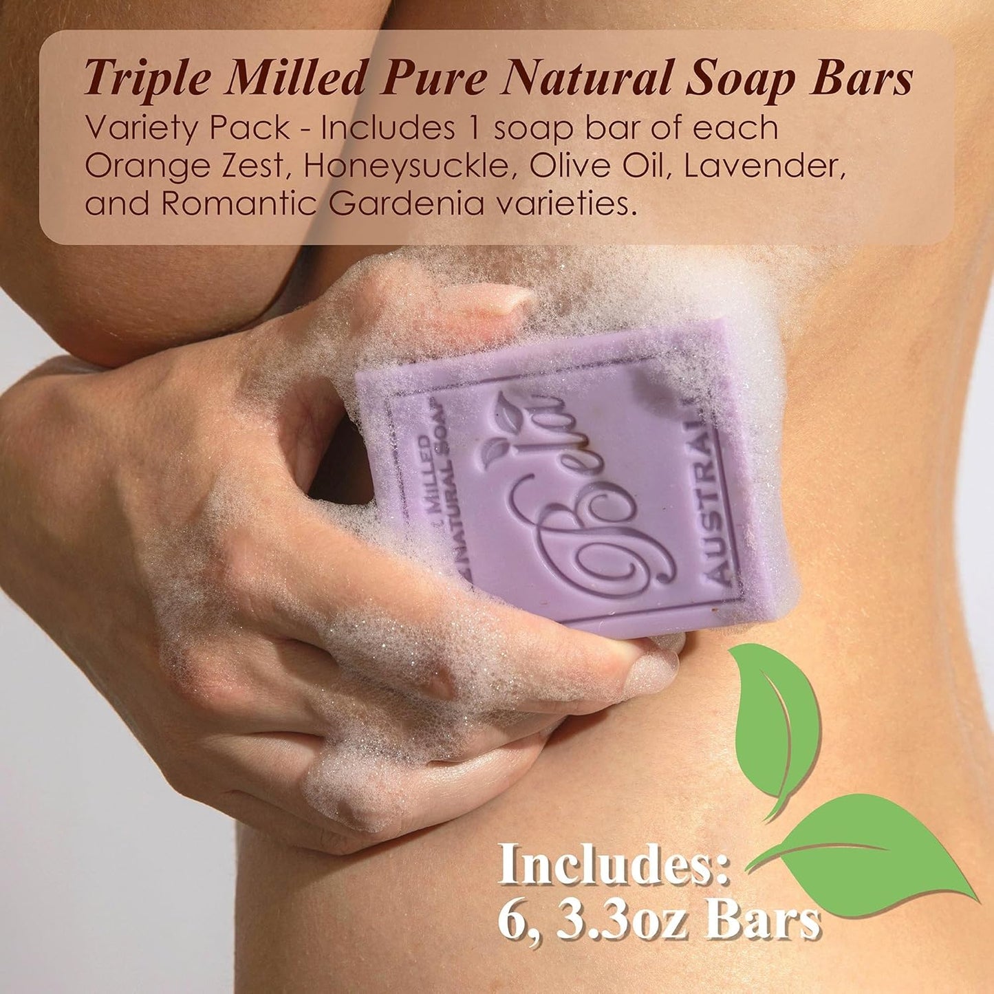 BELA Soap Variety Pack 3.3 OZ, Pack of 6, Long Lasting, French Triple Milled Bar Soap with Organic Shea Butter, Hand, Face and Body Wash Bar Made in Australia