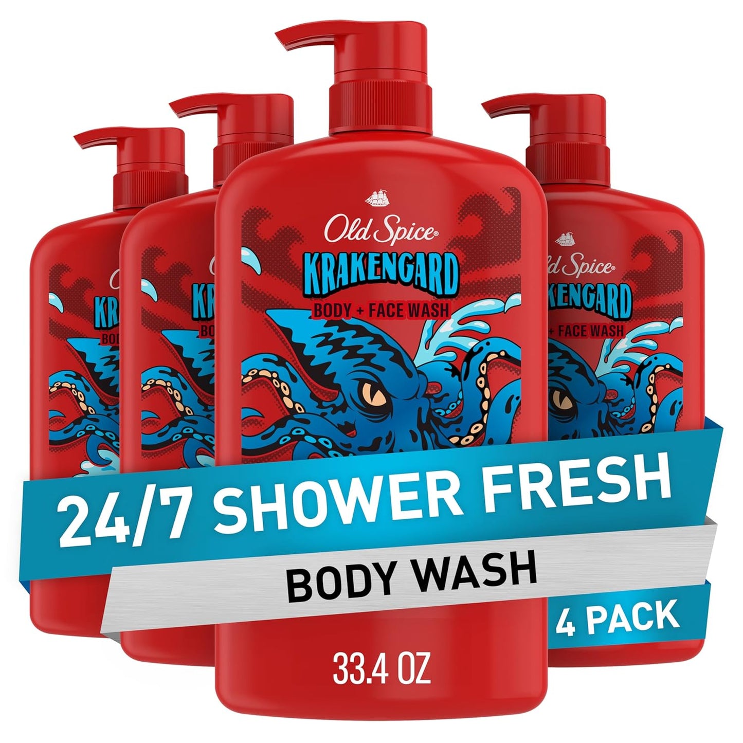 Old Spice Cleansing Body Wash for Men, 3X Defense, 24/7 Shower Fresh with Lasting Scent, 2-in-1 Body & Face Wash, Krakengard with Deep Ocean Scent, 33.4 (Pack of 4)
