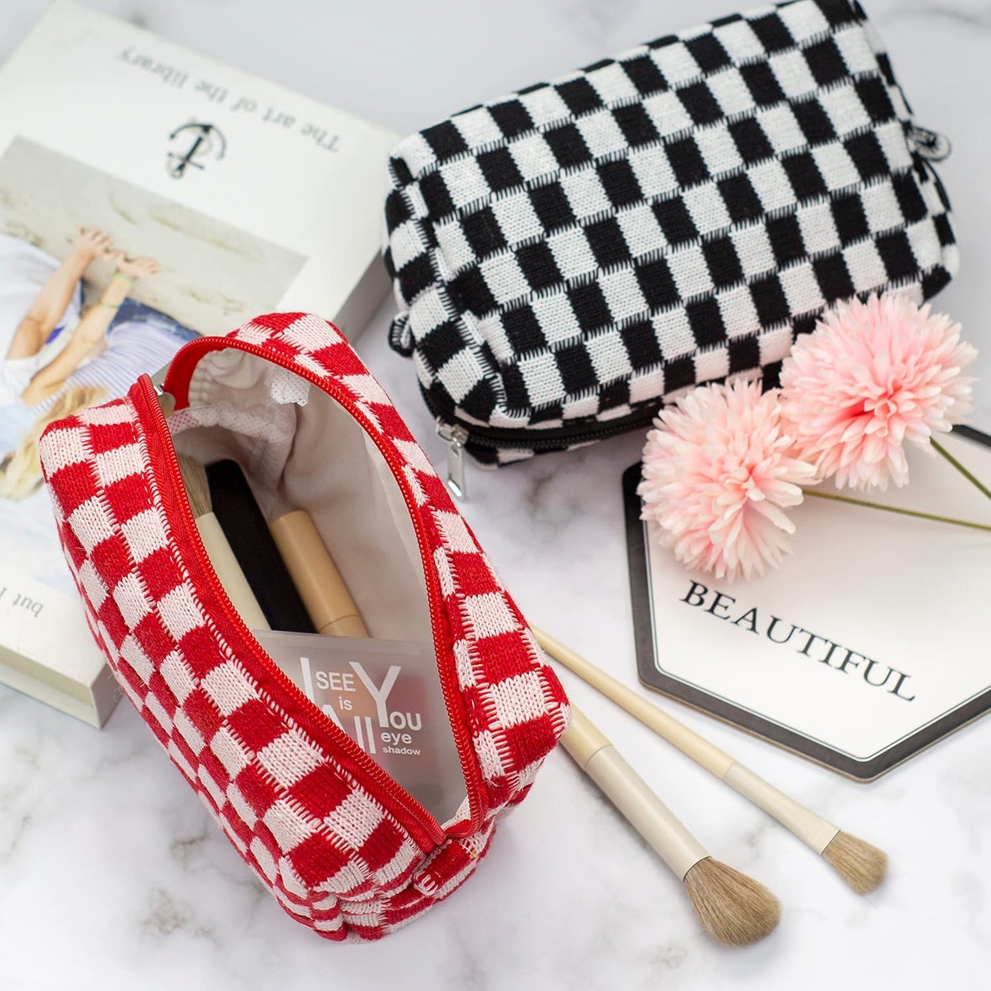 PAZIMIIK Checkered Makeup Bag for Purse Portable Zipper Make Up Pouch Small Cosmetic Case for Travel Accessories (6PCS Red)