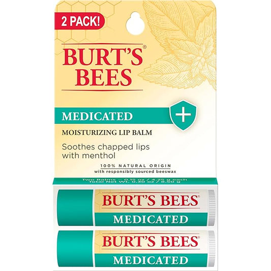 Burt's Bees Medicated Lip Balm, With Eucalyptus Oil and Menthol, Tint-Free, Natural Origin Lip Care, 2 Tubes, 0.15 oz.