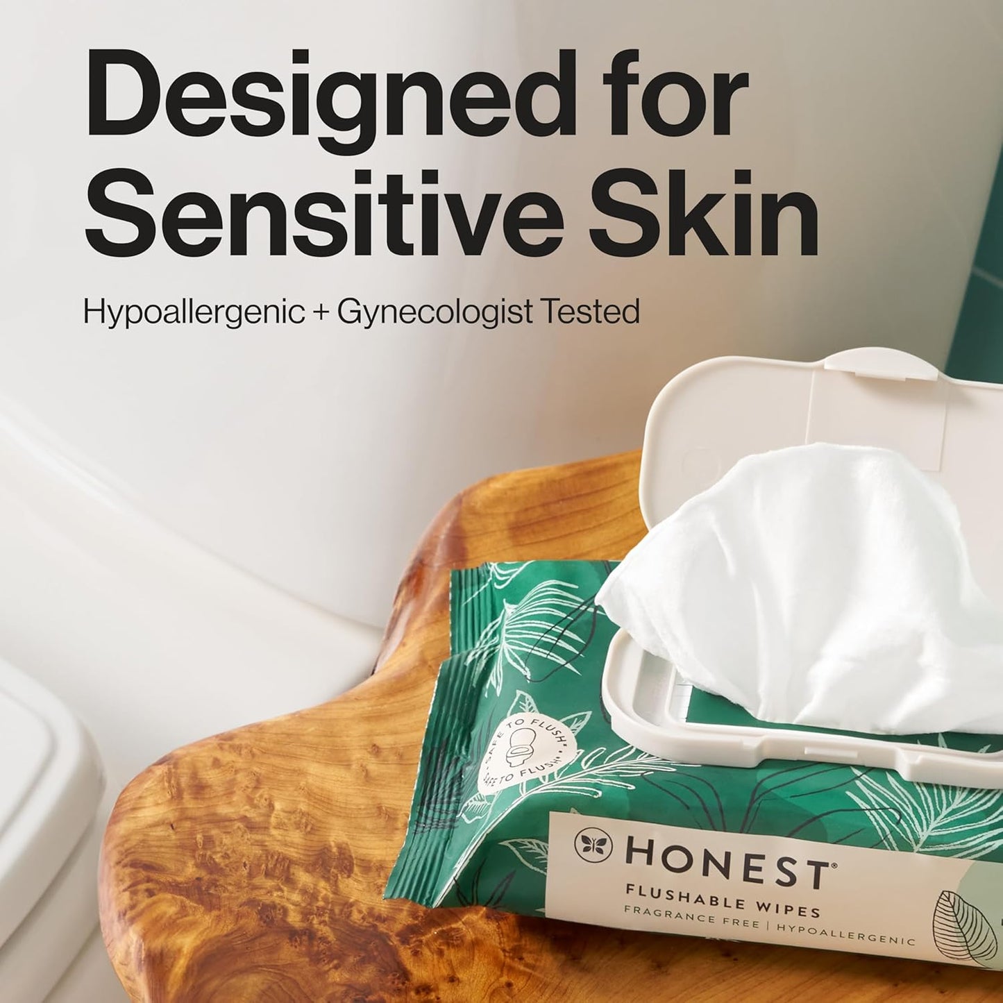 The Honest Company Flushable Wipes for Sensitive Skin | Fragrance Free, Hypoallergenic, 99% Water, Safe to Flush | pH Balanced Feminine Wipes | Tropical Leaves, 42 Count