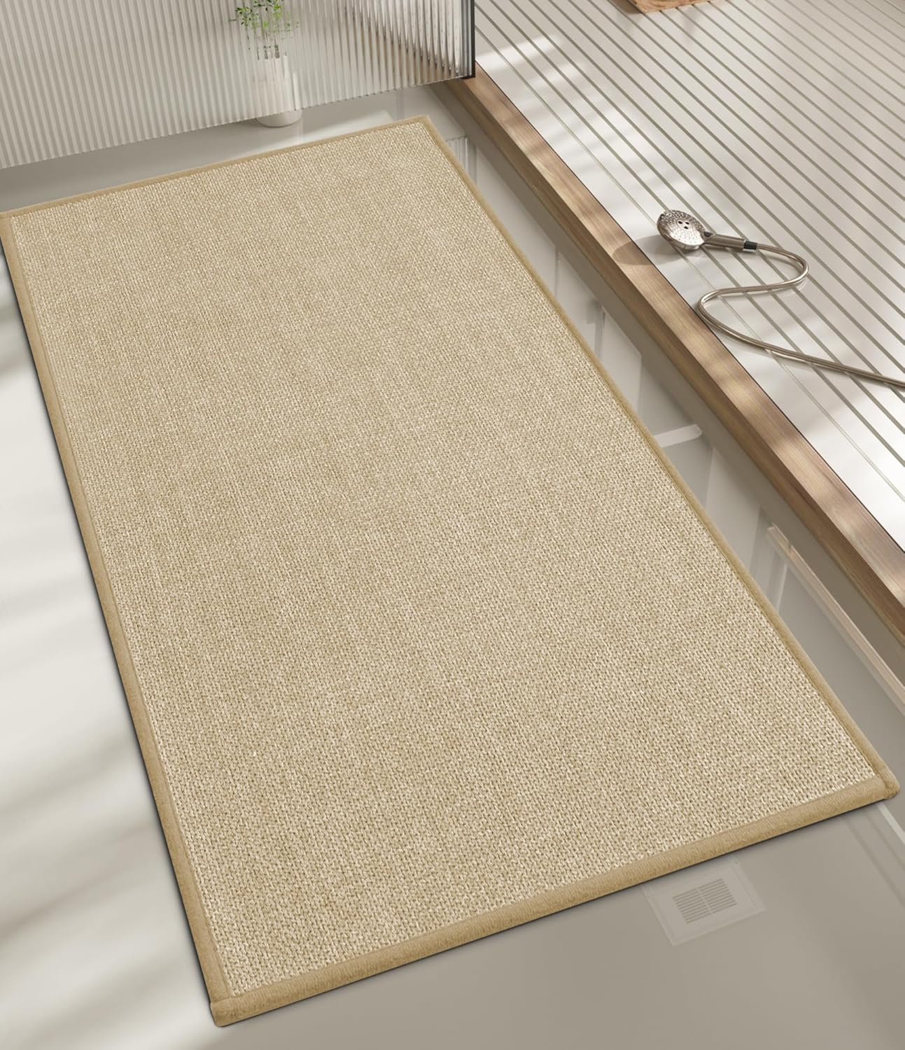 chakme Bathroom Rugs Mat 47x17, Ultra Thin Non Slip Bath Mats Runner Quick Dry Absorbent Bath Mat for Bathroom Floor, (Light Beige, 47"x17")