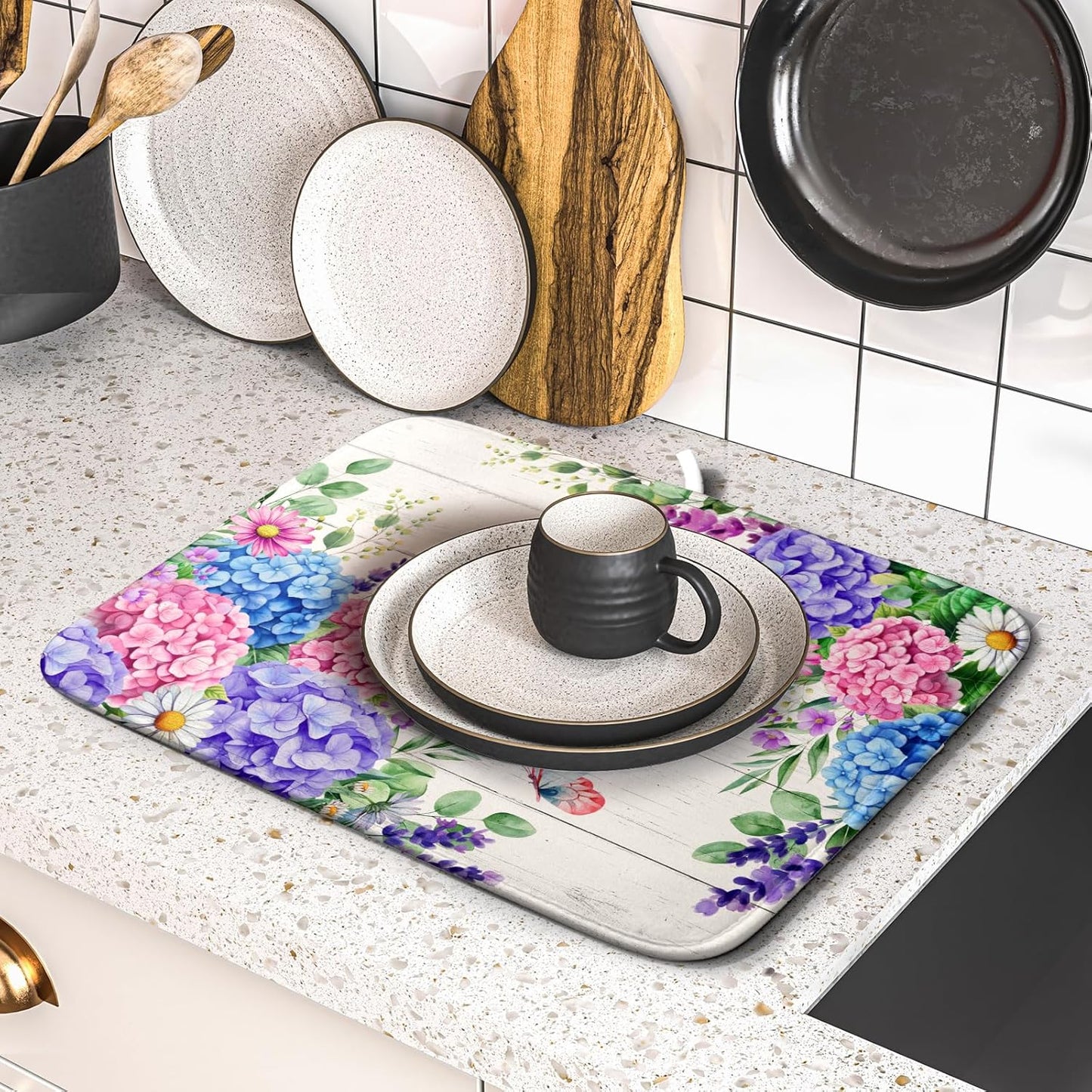 Hydrangea Floral Dish Drying Mat 16x18 inch Spring Summer Decorative Fast Dry Dishes Draining Mats Absorbent Microfiber Drainer Rack Pad
