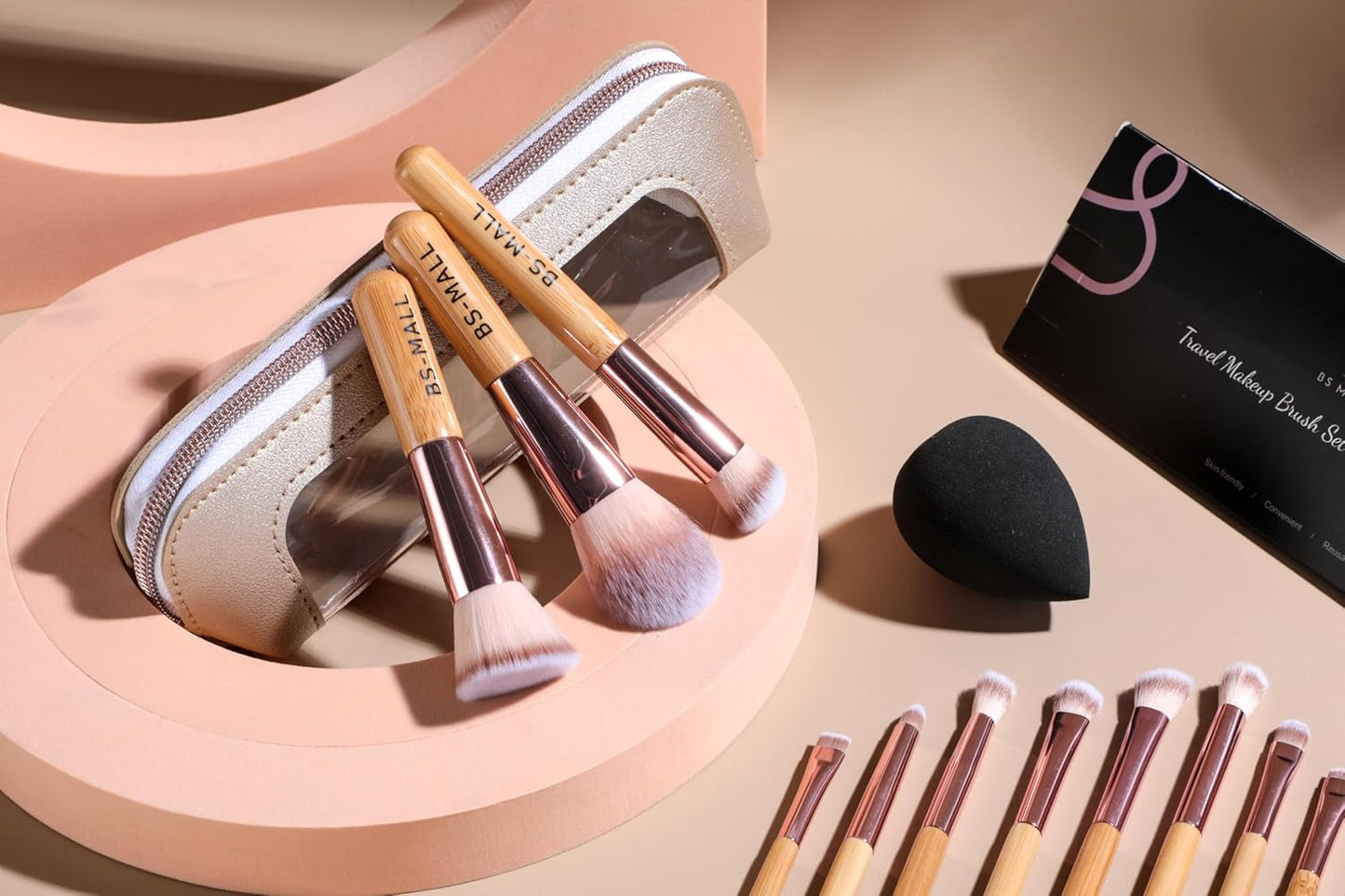 BS-MALL 14 Pcs Makeup Brushes Set with 1 Pcs Makeup Sponge – Essential Foundation Powder Concealers, Eye Shadows, Blush Makeup Brushes with Travel Makeup Case (Bamboo)