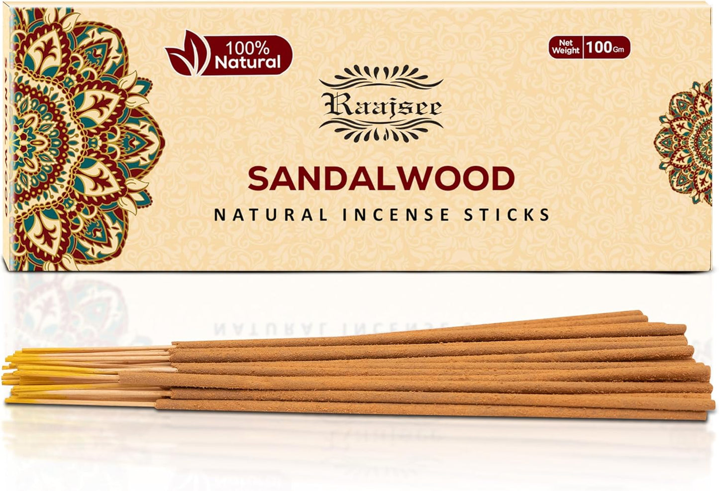 Raajsee Sandalwood Incense Sticks 100 Gm Pack-100% Pure Organic Natural Hand Rolled Free from Chemicals-for Church,Aroma Therapy,Relaxation,Meditation & Sensual Therapy