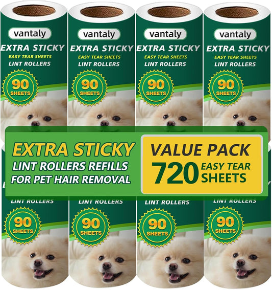 Extra Sticky Lint Roller Refills, 8 Pack with 720 Sheets Total, Pet Hair Remover for Clothes, Car, Furniture (720 Refills)