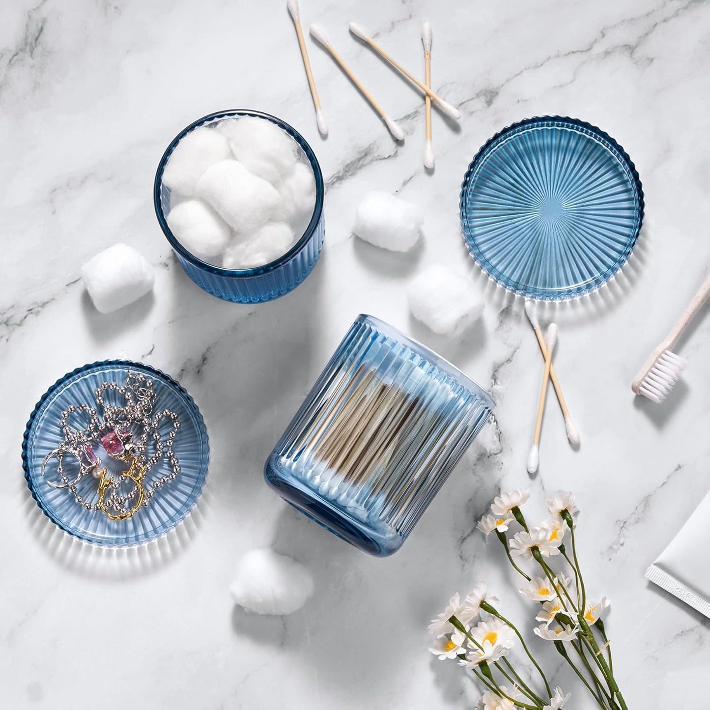 2 Pack Qtip Holders for Bathroom, Clear Glass Apothecary Jars with Lids,Vintage Bathroom Canisters for Cotton Balls,Swabs,Floss Picks,Hair Ties,Vanity Organizer and Storage Decor (Blue)