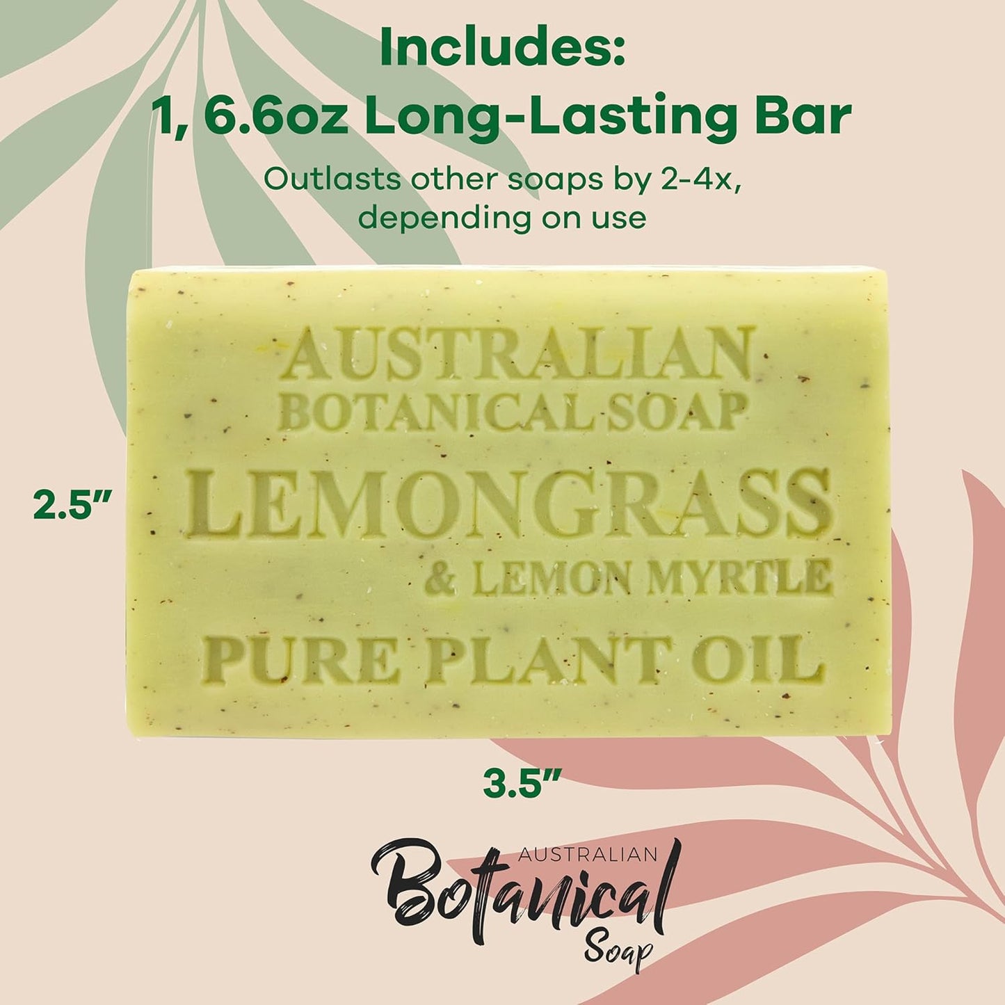 Australian Botanical Soap Lemongrass and Lemon Myrtle 6.6 oz Triple Milled Luxury Soap Bar Enriched with Shea Butter and Natural Oils, Pack of 1