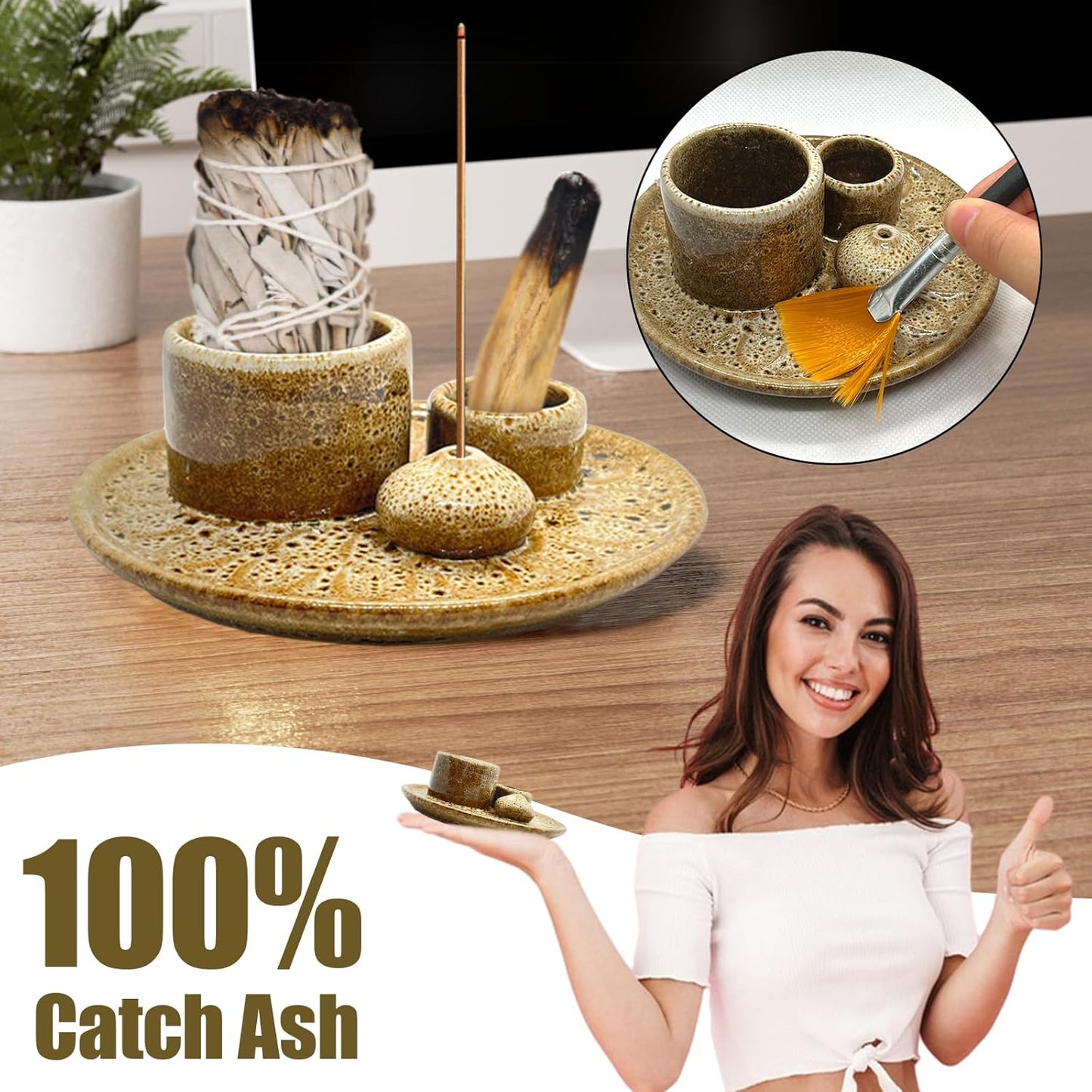 Palo Santo Holder - 4 in 1 Incense & Candle Holder - Ceramic Incense Holder Ash Catcher Tray for Meditation Room - Easy to Clean (Brown White)