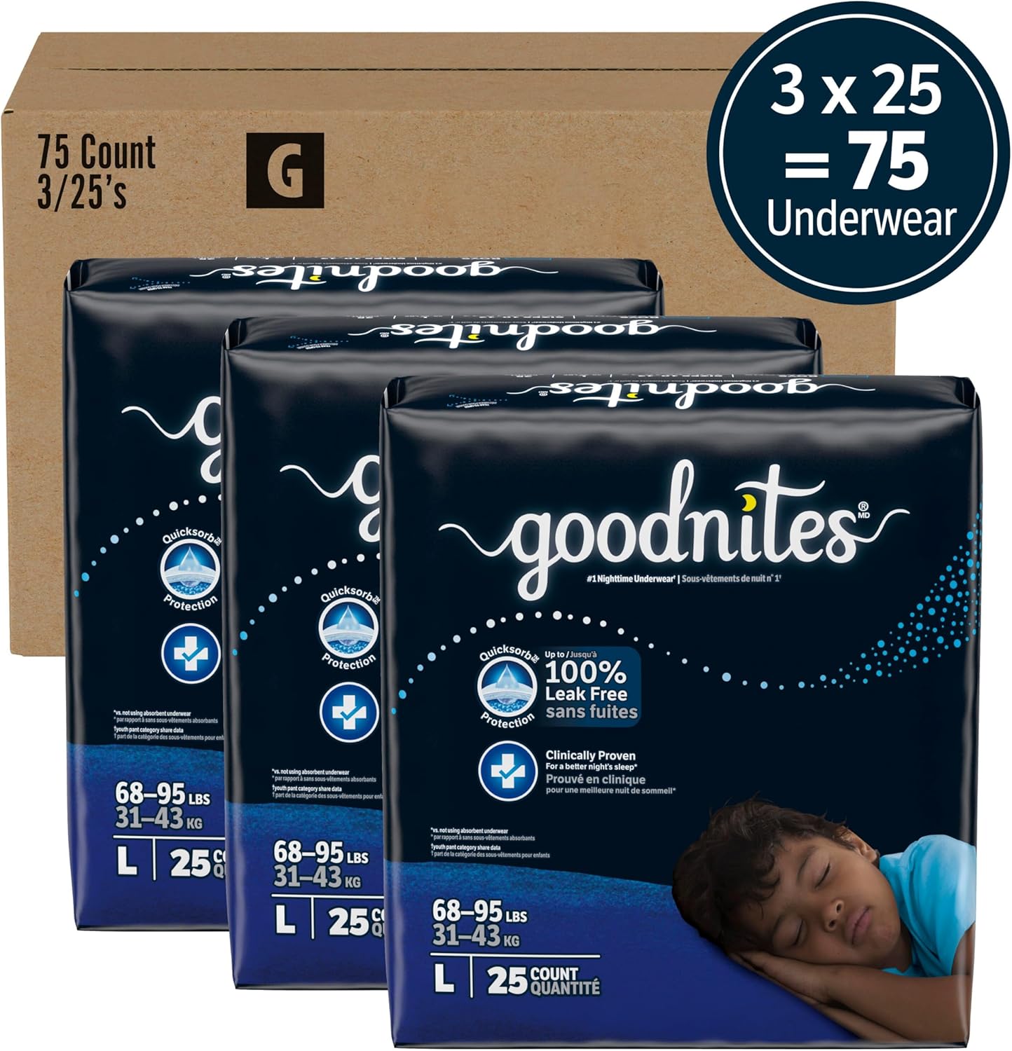 Goodnites Boys' Nighttime Bedwetting Underwear, Size Large (68-95 lbs), 75 Ct (3 Packs of 25), Packaging May Vary