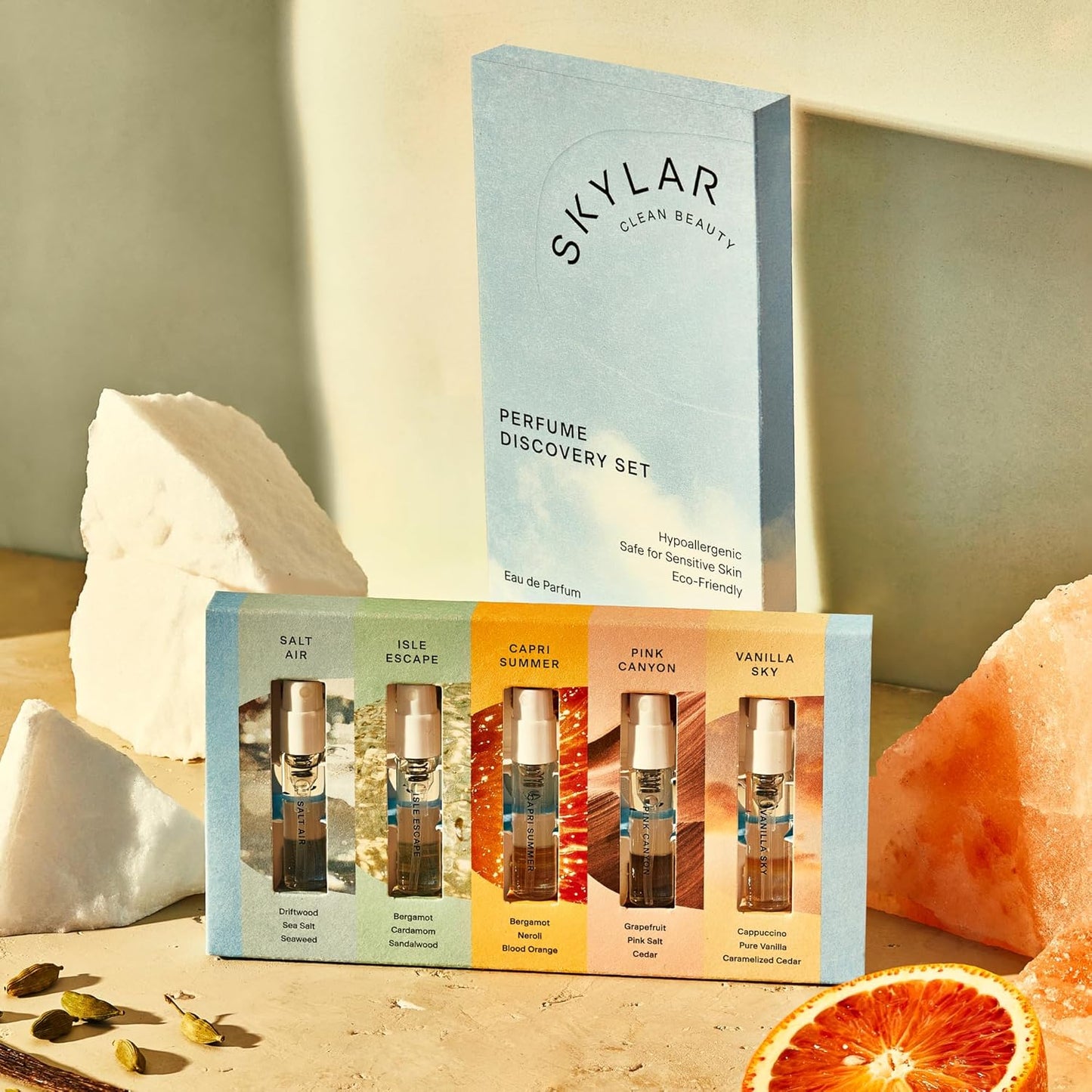 Skylar Perfume Discovery Spray Sampler Set - Salt Air, Isle Escape, Capri Summer, Pink Canyon, Vanilla Sky- Hypoallergenic & Clean Perfume for Women & Men - 5 1.5mL