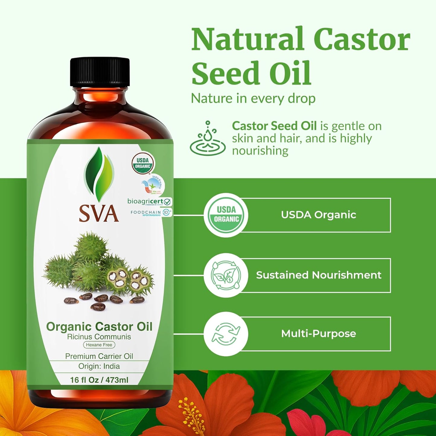 SVA Castor Seed Oil Organic - 16 Fl Oz – 100% Natural Cold Pressed Organic Castor Oil - for Face, Skin Care, Hair Care, Scalp Massage & Body Massage with Pump