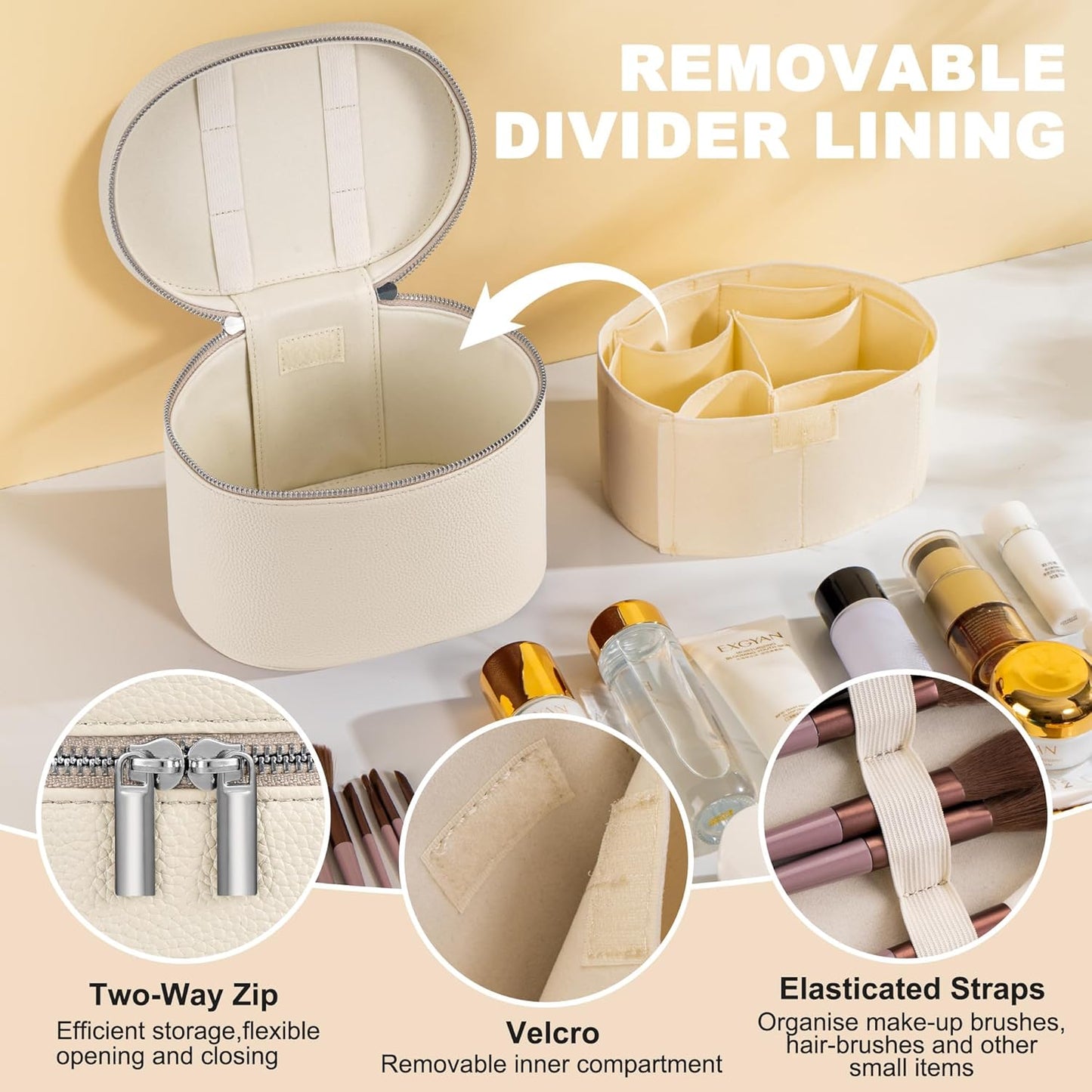 Makeup Bag Vanity Case Cosmetic Bag with Removable Divider Travel Toiletry Bag for Women Portable Make up Box Organizer, Beige