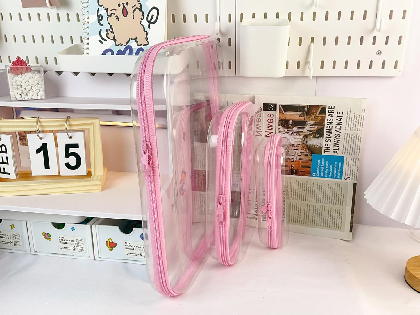 3PCS Clear Zipper Cases, Portable Clear Organizer Pouches for Travel, Double Zippered Hard Shell Plastic Case, Cosmetic Bag for Make Up Tools, Toiletries, Toy Storage (Pink, 1 Pack)
