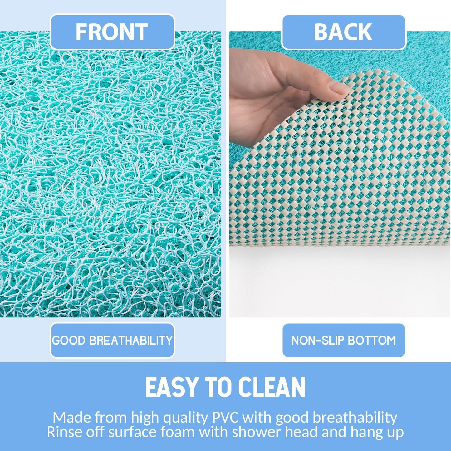 Non-Slip Bathtub Mat, Anti Slip Shower Mat, Fast Drying Bathtub Mats, Foot Scrubber Mat, Anti Slip Mat for Tub, Floor, Bathroom, Kitchen, Home, Hotel (Turquoise Blue 32"×17")