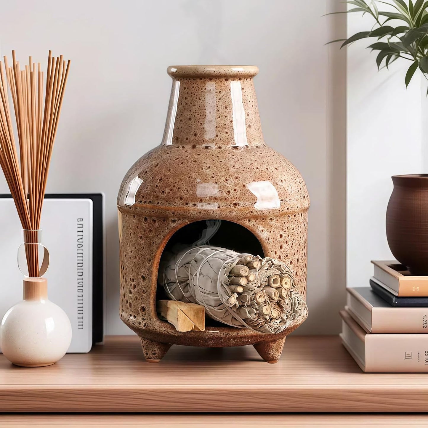 Handmade Pink Ceramic Palo Santo Holder Burner & Sage Holder - Mini Tabletop Chiminea Burner Tray with Ash Catcher, Decorative Incense Holder for Spiritual Meditation & Yoga