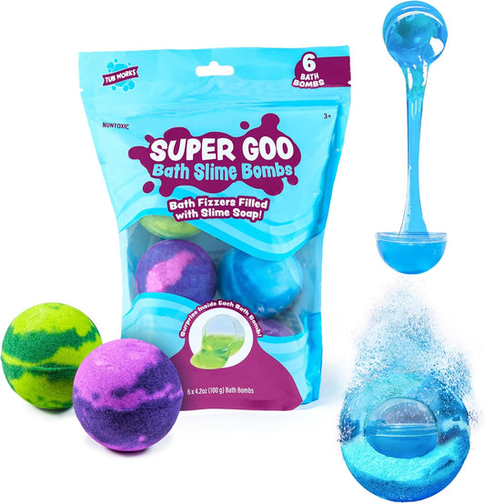 Super Goo Bath Slime 'Surprise' Bombs, 6 Pack | Kids Bath Bombs With Surprise Inside | Nontoxic | Stretchy, Squishy Slime Soap | Sensory Fun for Kids
